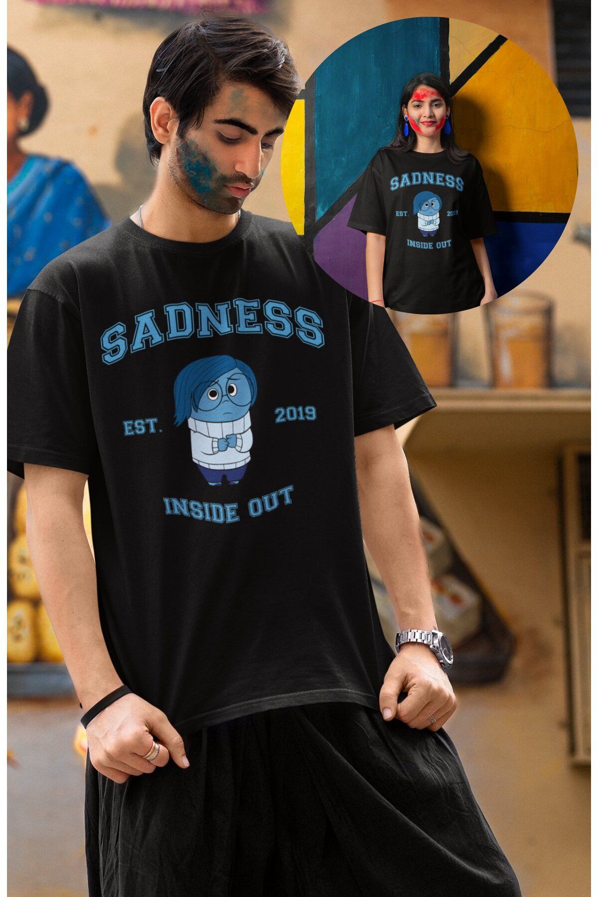 Fuddy Moda Unisex Insi.de Out Sadness Baskılı T-shirt, Oversize Ters Yüz Animasyon Film Temalı Tişört