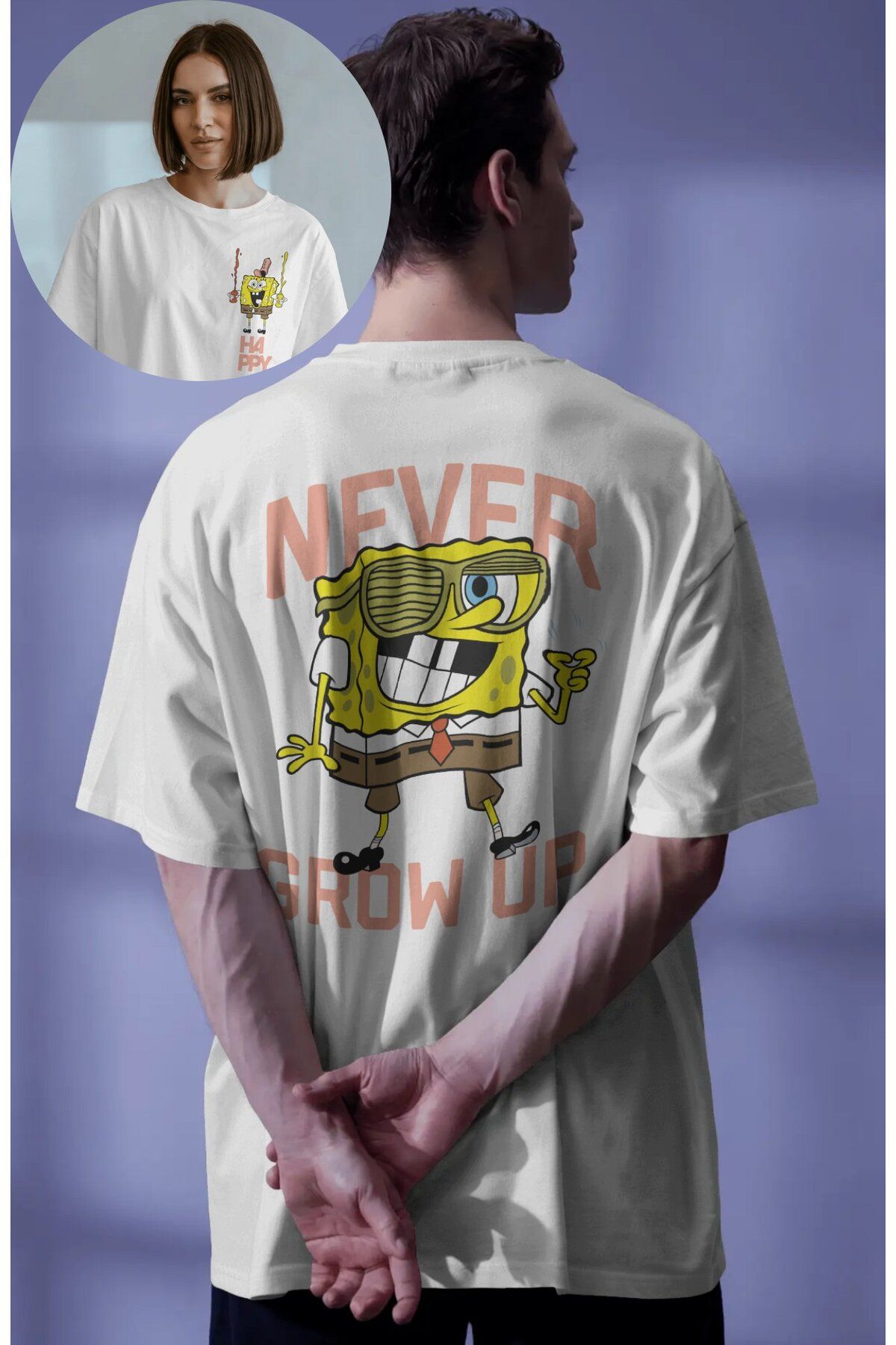 Fuddy Moda Unisex Never Grow Up Sırt Yazılı Tişört, Oversize Sünger Bob Baskılı T-Shirt
