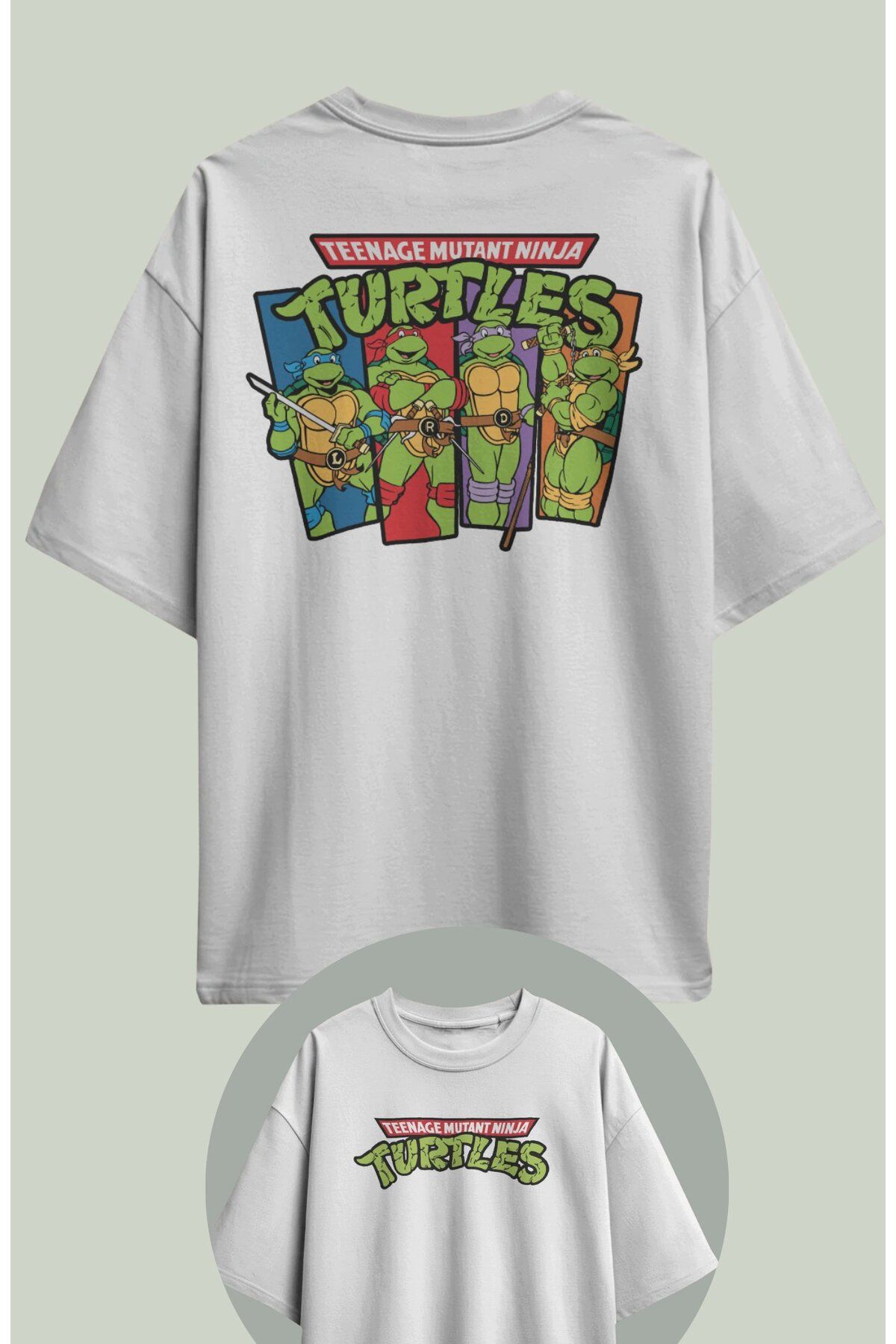Fuddy Moda Unisex Ninja Kaplumbağa Sırt Baskılı Tişört, Oversize Çizgi Film Temalı T-Shirt