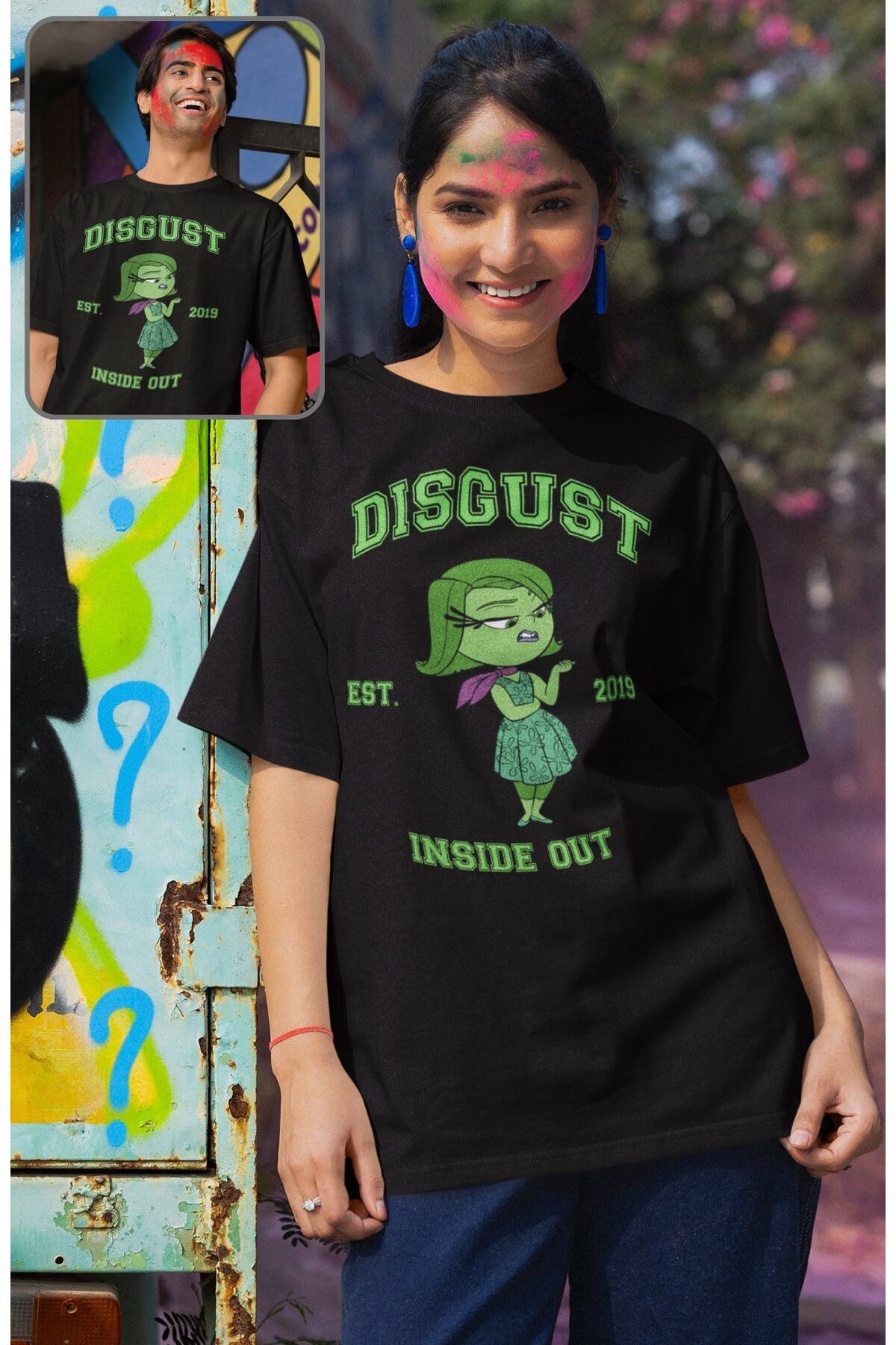 Fuddy Moda Unisex Insi.de Out Disgust Baskılı T-shirt, Oversize Ters Yüz Animasyon Film Temalı Tişört