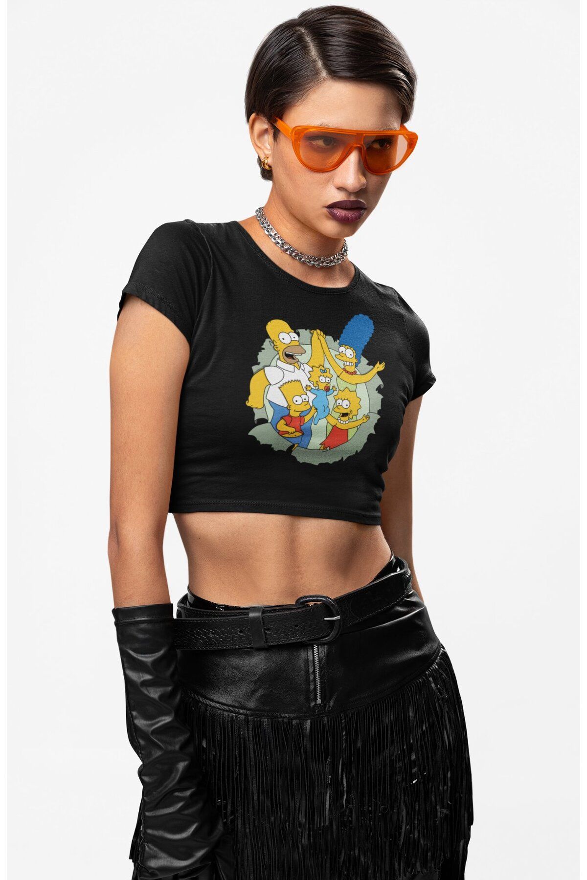Fuddy Moda Simpons Family Baskılı Crop Top, Kadın Çizgi Film Temalı Crop Bluz