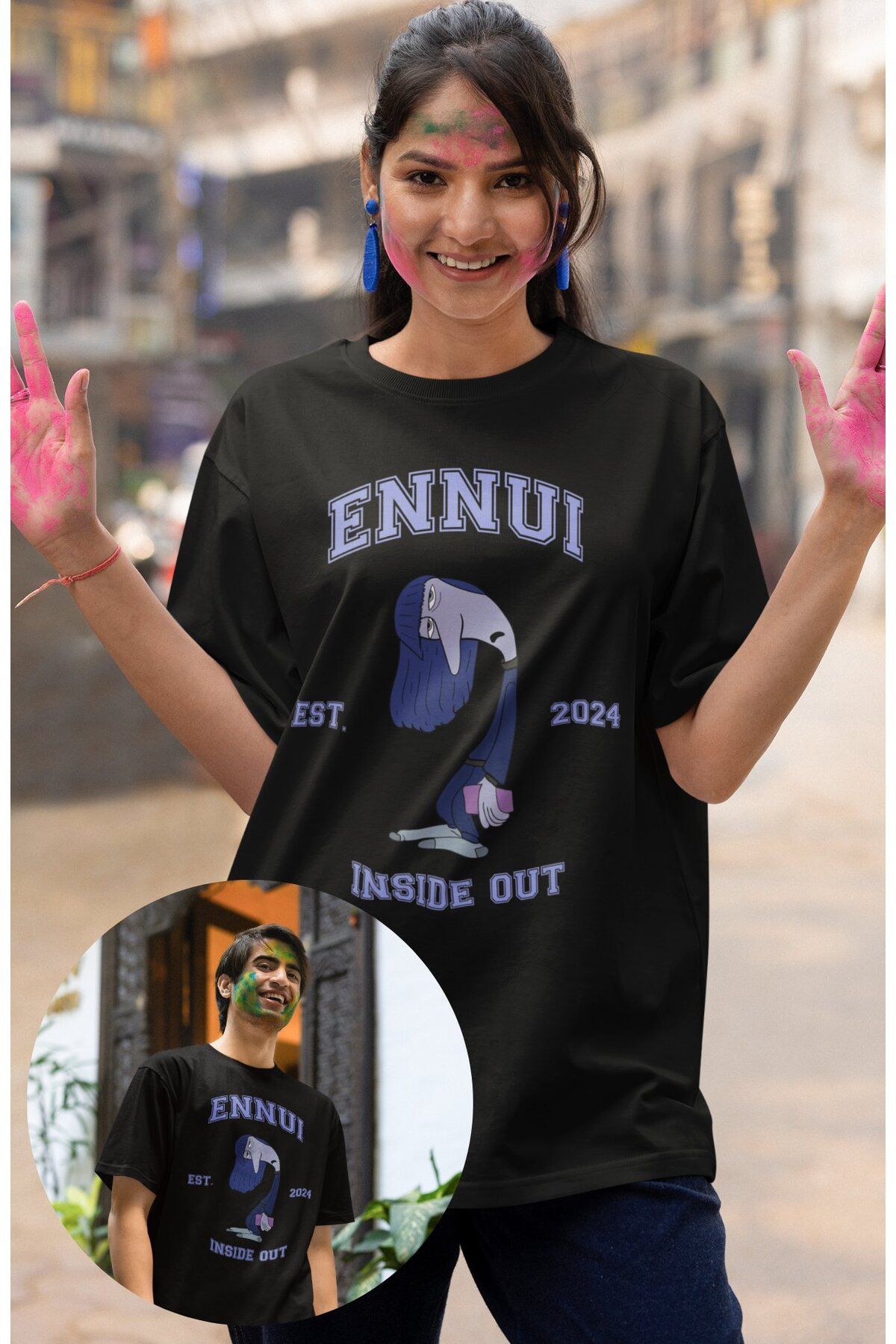 Fuddy Moda Unisex Insi.de Out Ennui Baskılı T-shirt, Oversize Ters Yüz Animasyon Film Temalı Tişört