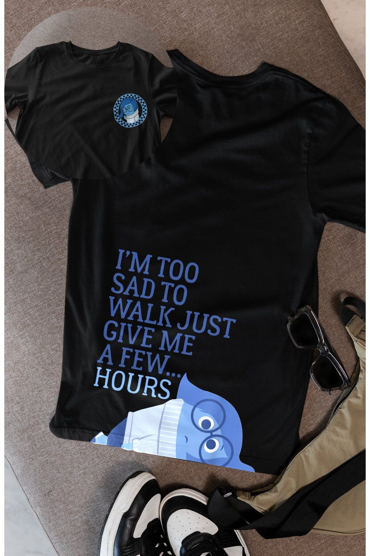 Fuddy Moda Unisex Komik In.side Out Üzüntü Sırt Baskılı Tişört, Oversize Animasyon Film Temalı T-Shirt