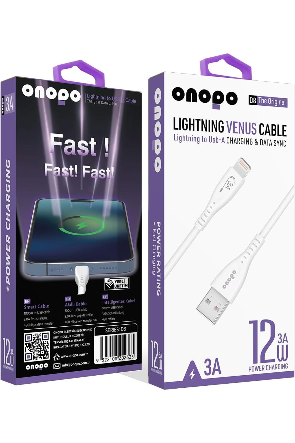 KDROĞLU KDROGLU iPhone Uyumlu Lightning USB Hızlı Şarj ve Data Kablosu – 3.0A / 12W / 480Mbps (1M, D8)