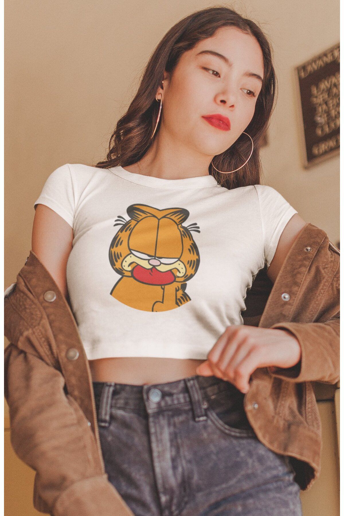 Fuddy Moda Garfield Baskılı Crop Top, Kadın Çizgi Film Temalı Crop Bluz