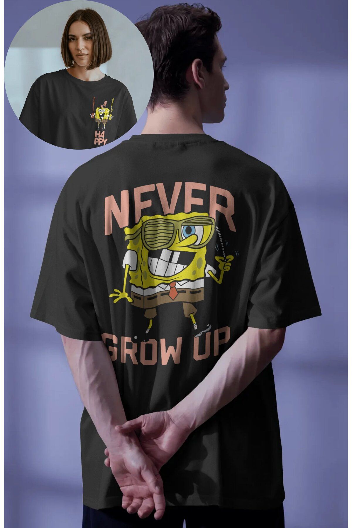 Fuddy Moda Unisex Never Grow Up Sırt Yazılı Tişört, Oversize Sünger Bob Baskılı T-Shirt