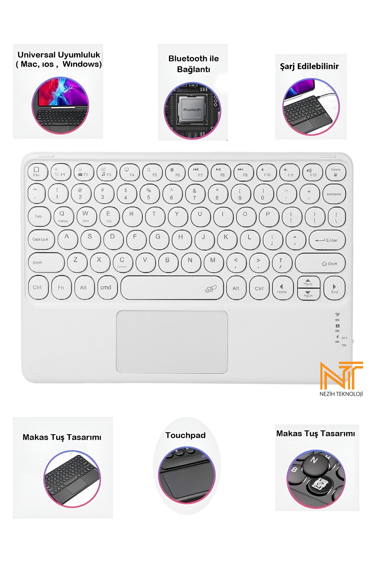 Nezih Case Samsung Galaxy Tab A9 Plus X210 / A9 X110 / A8 X200 / A7 T500 / T290 /T220 Uyumlu Bluetooth Klavye