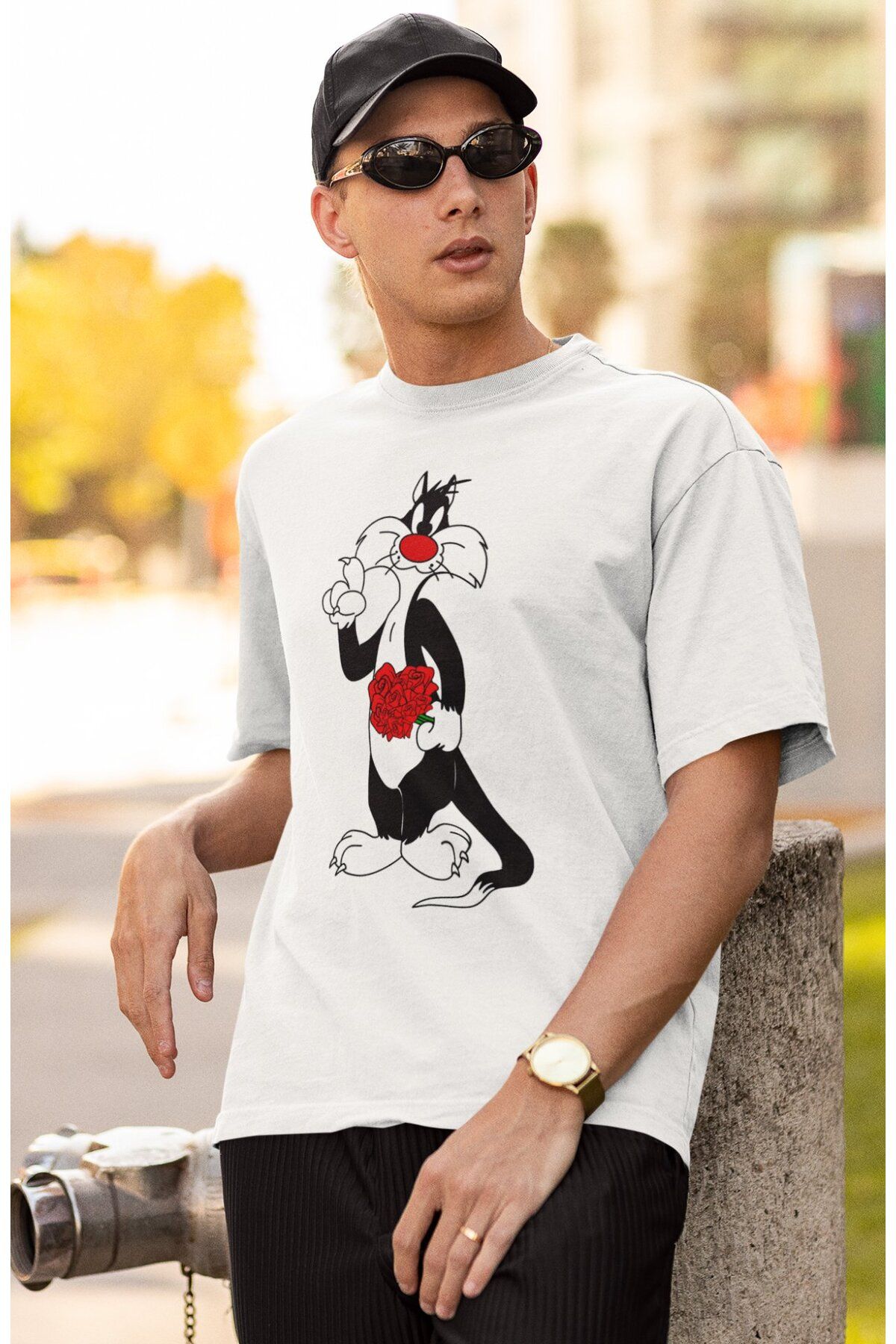 Fuddy Moda Oversize Sylvester Baskılı Tişört, Unisex Çizgi Film Karakter Baskılı T-Shirt