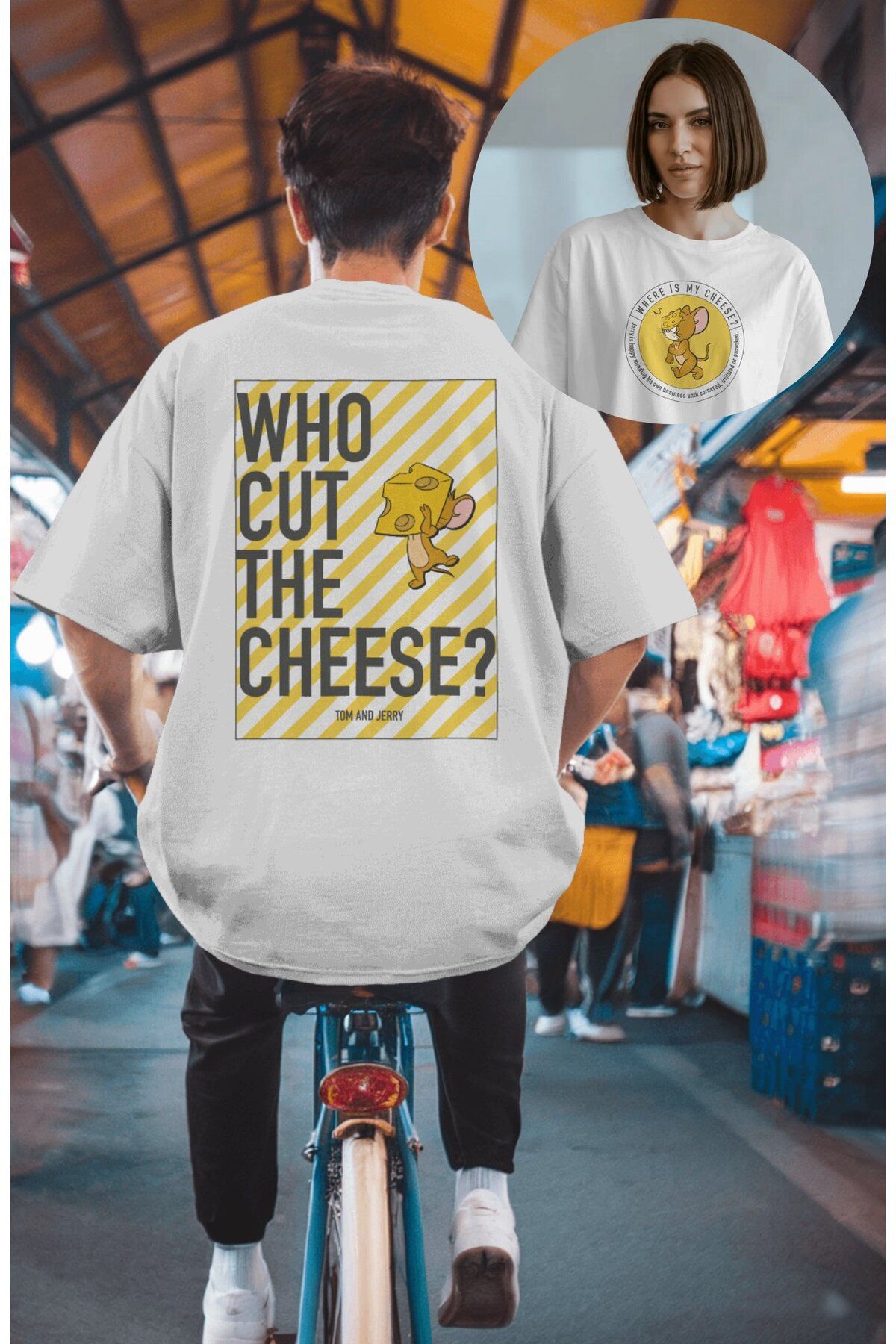 Fuddy Moda Unisex Who Cut The Cheese Sırt Baskılı Tişört, Oversize Tom And Jerry Yazılı T-Shirt