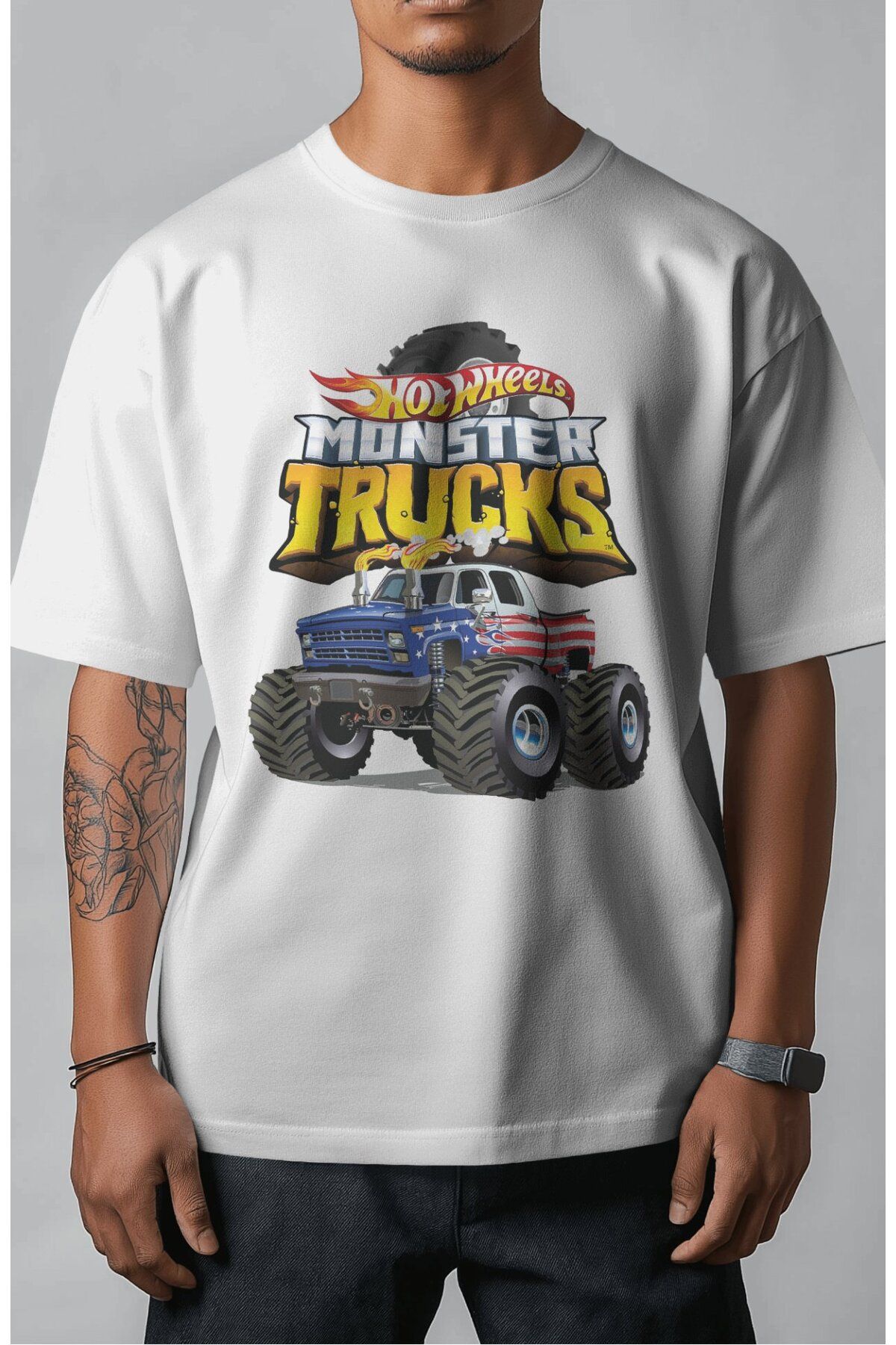 Fuddy Moda Unisex Hot Wheelss Baskılı Tişört, Oversize Monster Trucks Yazılı T-Shirt