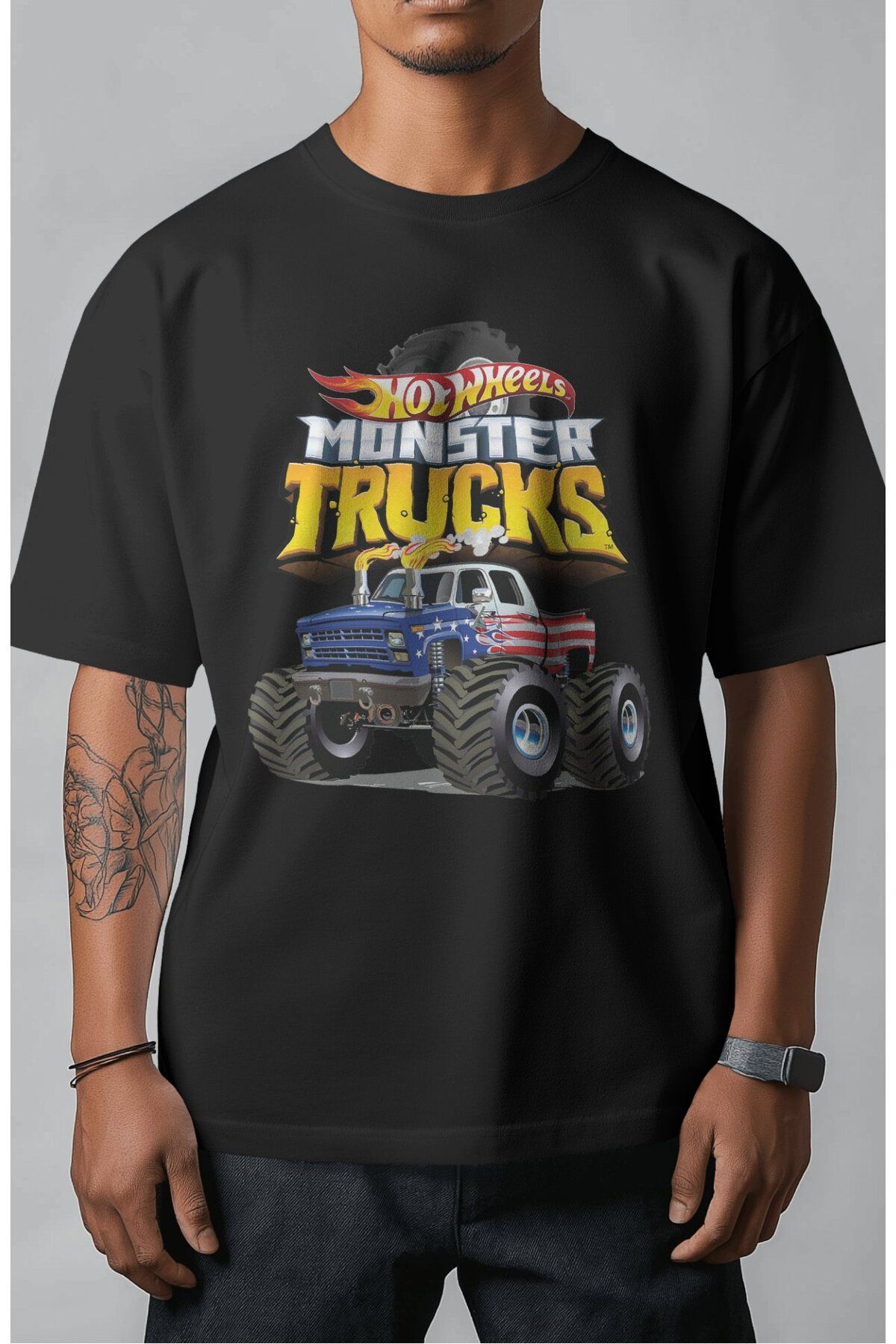 Fuddy Moda Unisex Hot Wheelss Baskılı Tişört, Oversize Monster Trucks Yazılı T-Shirt