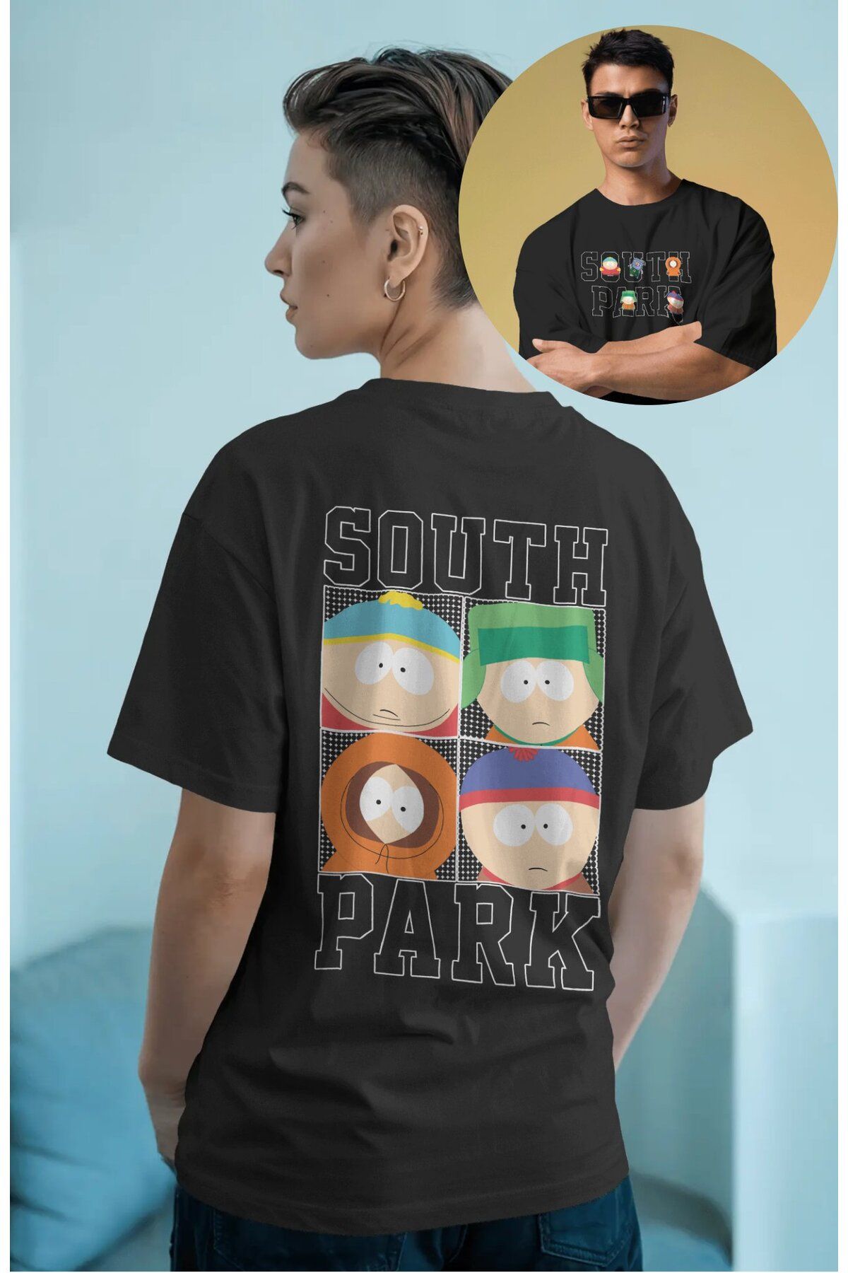 Fuddy Moda Unisex South Park Sırt Baskılı Tişört, Oversize Çizgi Film Temalı T-Shirt