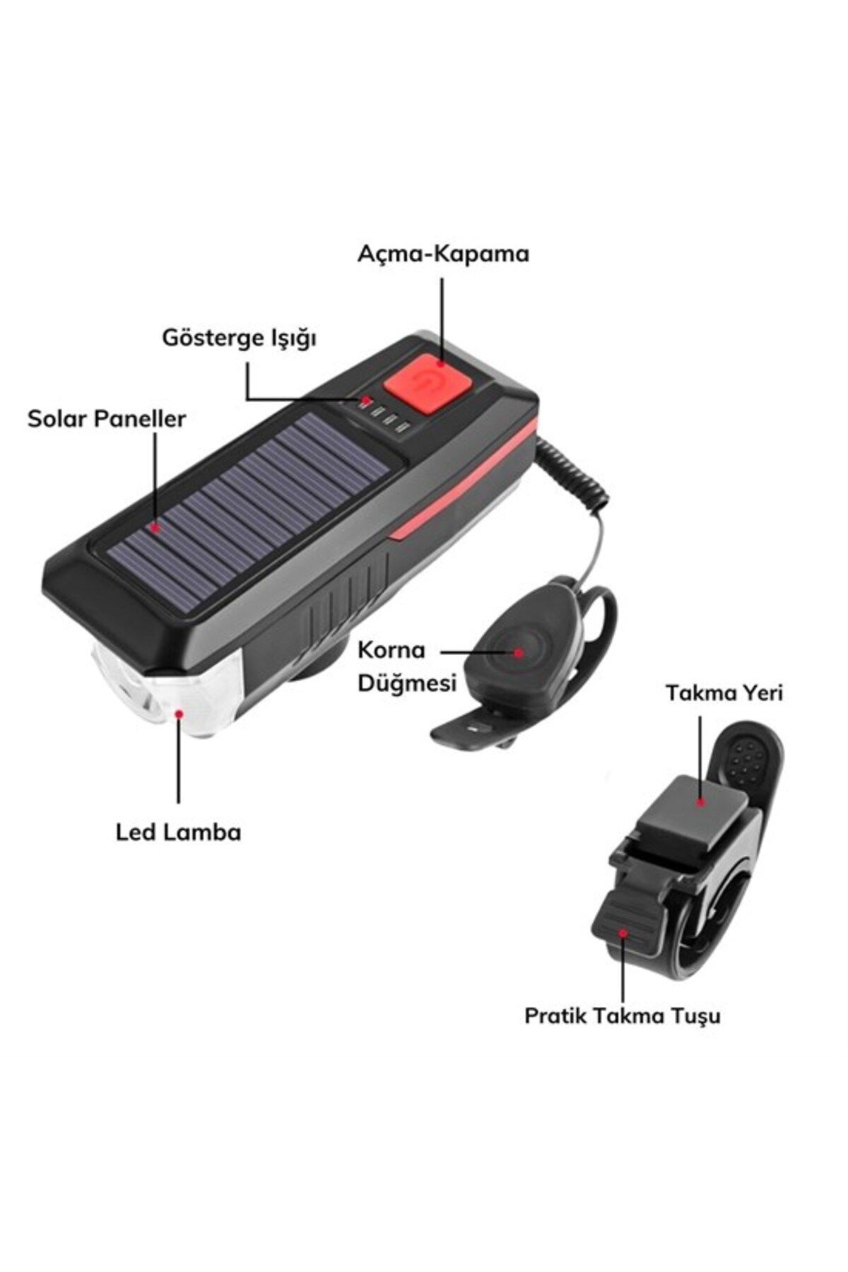 KDROĞLU Solar Enerjili USB ile Şarj Edilebilir Ledli Bisiklet Feneri Kornalı ve Su Geçirmez Far