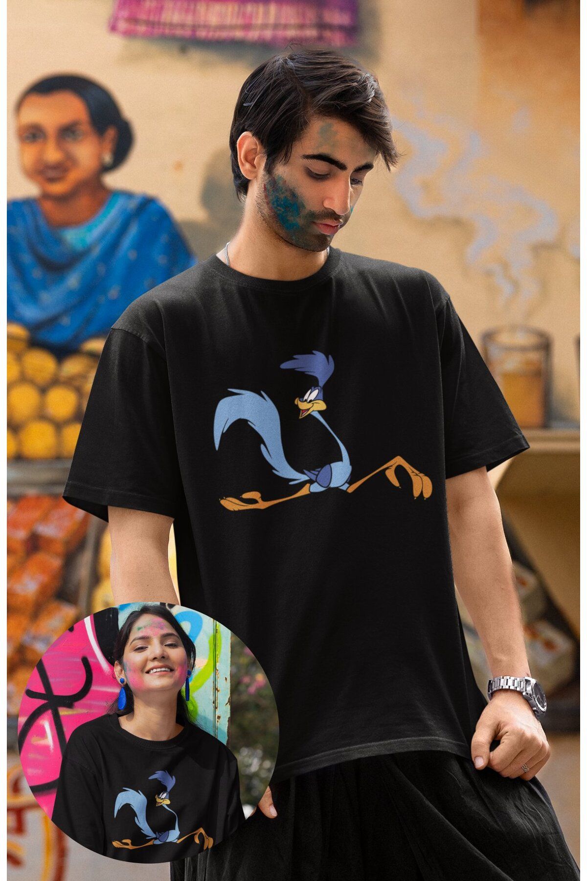 Fuddy Moda Unisex Looney Tunes Road Runner Baskılı Tişört, Oversize Çizgi Film Temalı T-Shirt