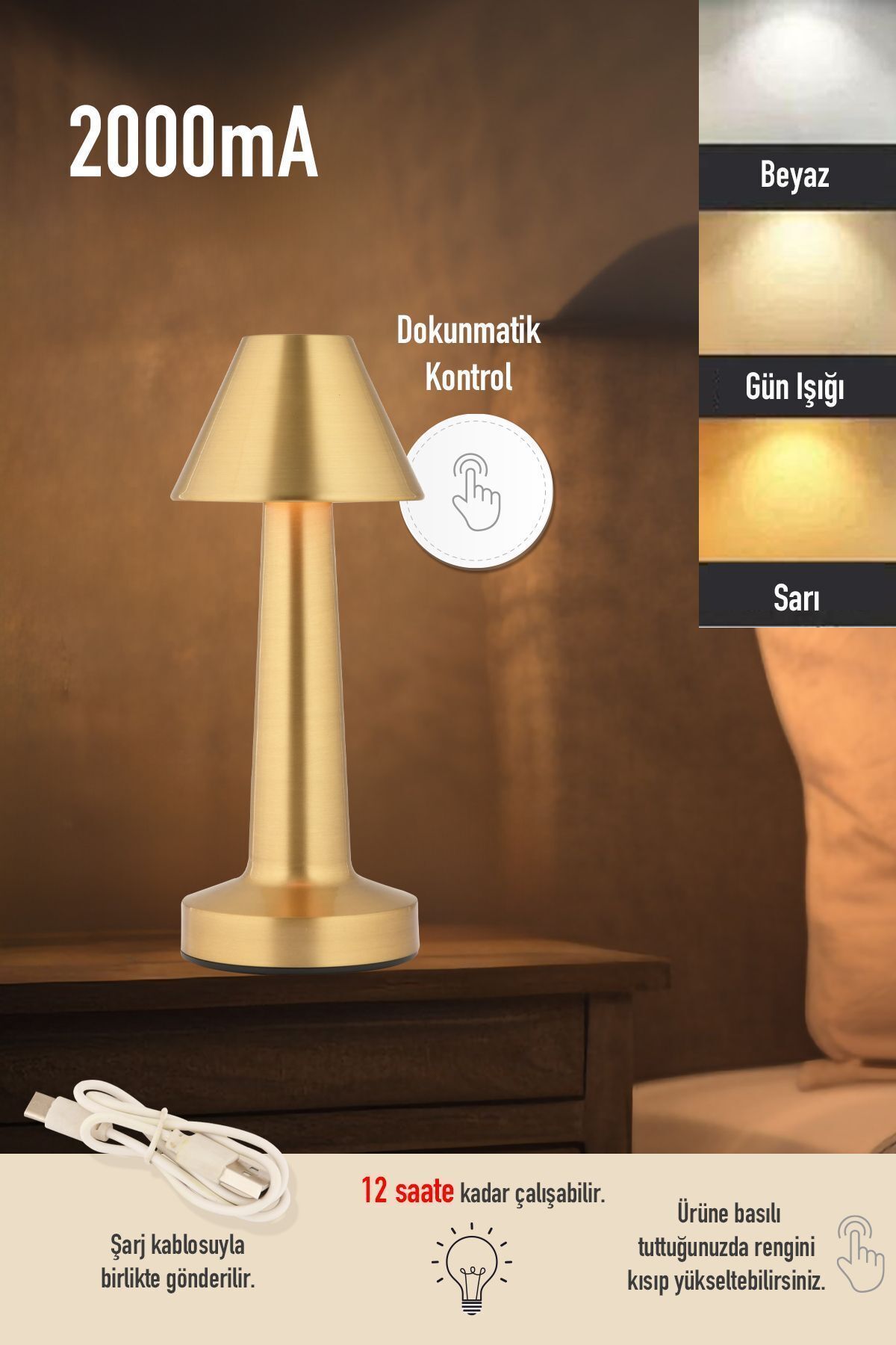 ARMESE Şık Şarjlı Dokunmatik 3 Renkli Masa Lambası