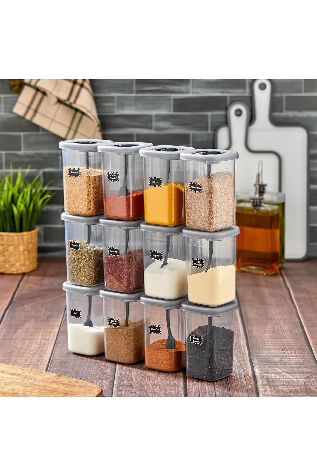 STOREMAX 12li 450ml Kilitlenebilir Kapaklı Kendinden Kaşıklı Baharatlık Seti 450ml - 55 Adet Etiket