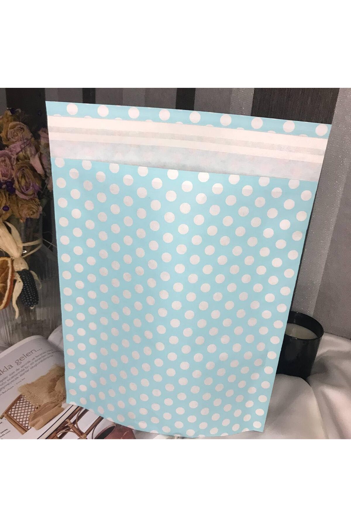 KDROĞLU KDROGLU Beyaz Puantiyeli Hediye Torbası Bantlı Hediye Paketi Blue Gift Packet 25x30 Cm - 2 Adet (M