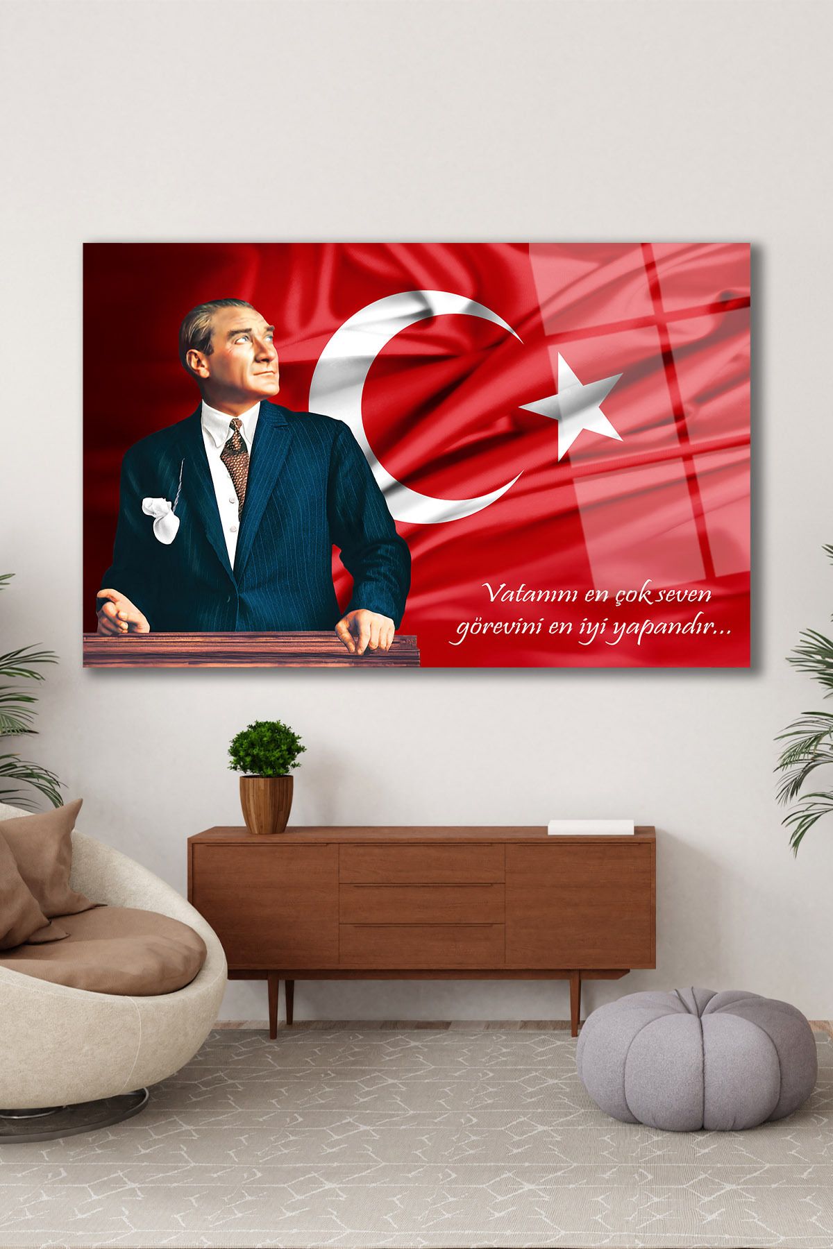 home dekors Atatürk Portresi ve Türk Bayrağı Vatanını En Çok Seven Cam Tablo İş Ofis Makam Odası Hediyelik Tablo