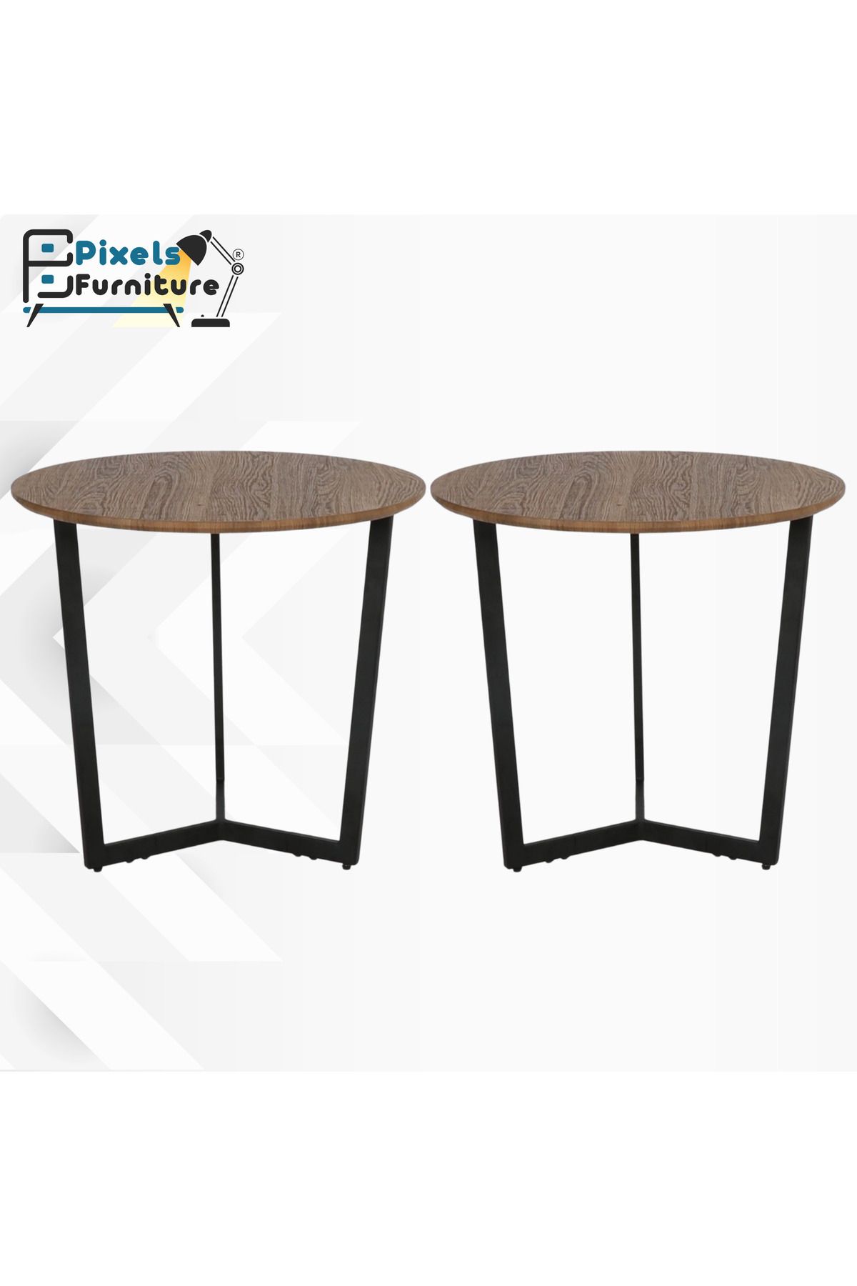 PixelsFurniture-مجموعة 2 طاولة دائري جانبية قوية من بكسل الأثاث للقهوة بسطح من الخشب وبقواعد من المعدن 1