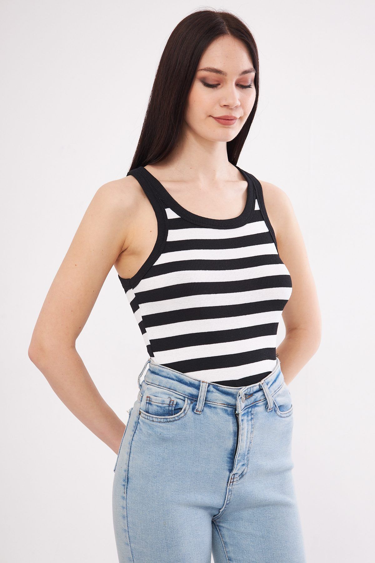 Shop58 Siyah-Beyaz Kadın Fitilli Kaşkorse Halter yaka Atlet
