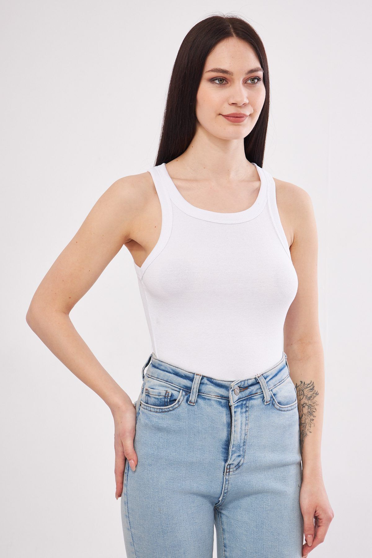 Shop58 Beyaz Kadın Fitilli Kaşkorse Halter yaka Atlet