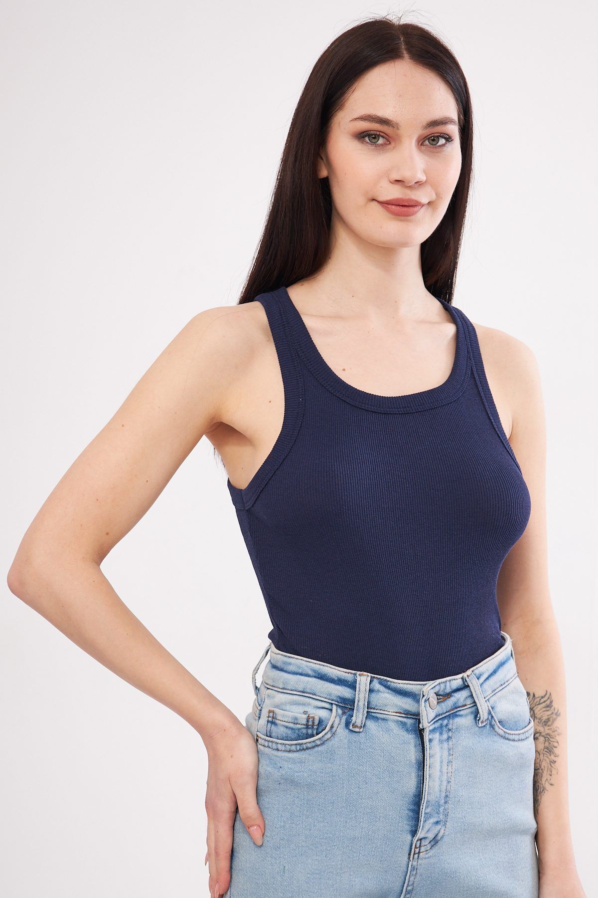 Shop58 Lacivert Kadın Fitilli Kaşkorse Halter yaka Atlet