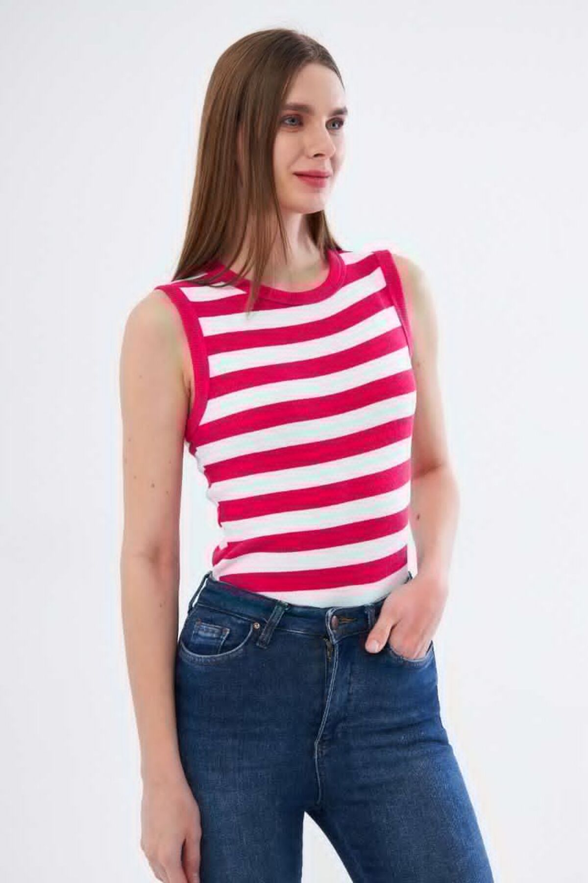 Shop58 Kadın Çizgili Fitlilli Likralı Pamuklu Bisiklet Yaka Kolsuz Tshirt Atlet