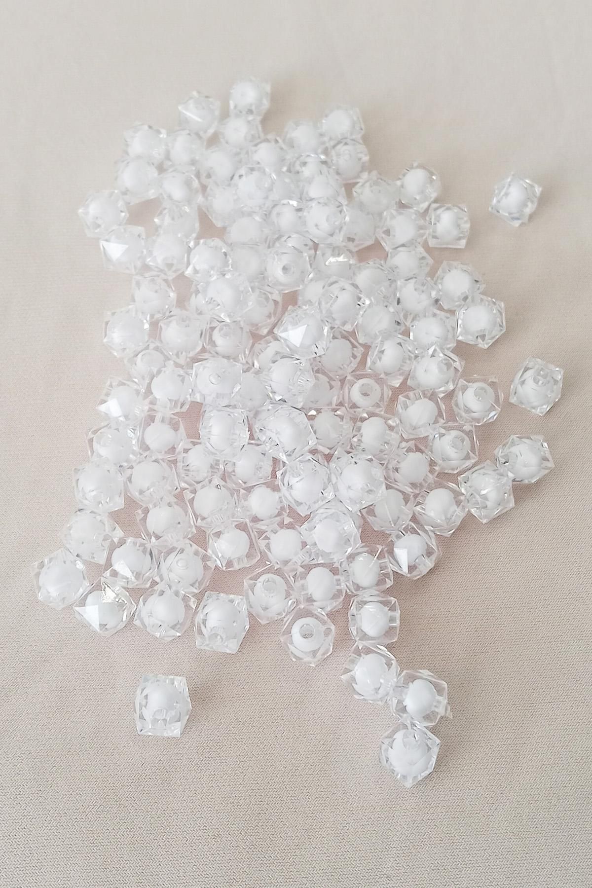 MBB ETİCARET Küp Boncuk İçten Boncuklu Bileklik Çanta Boncuğu 10 mm 50 gr Beyaz - BNC456