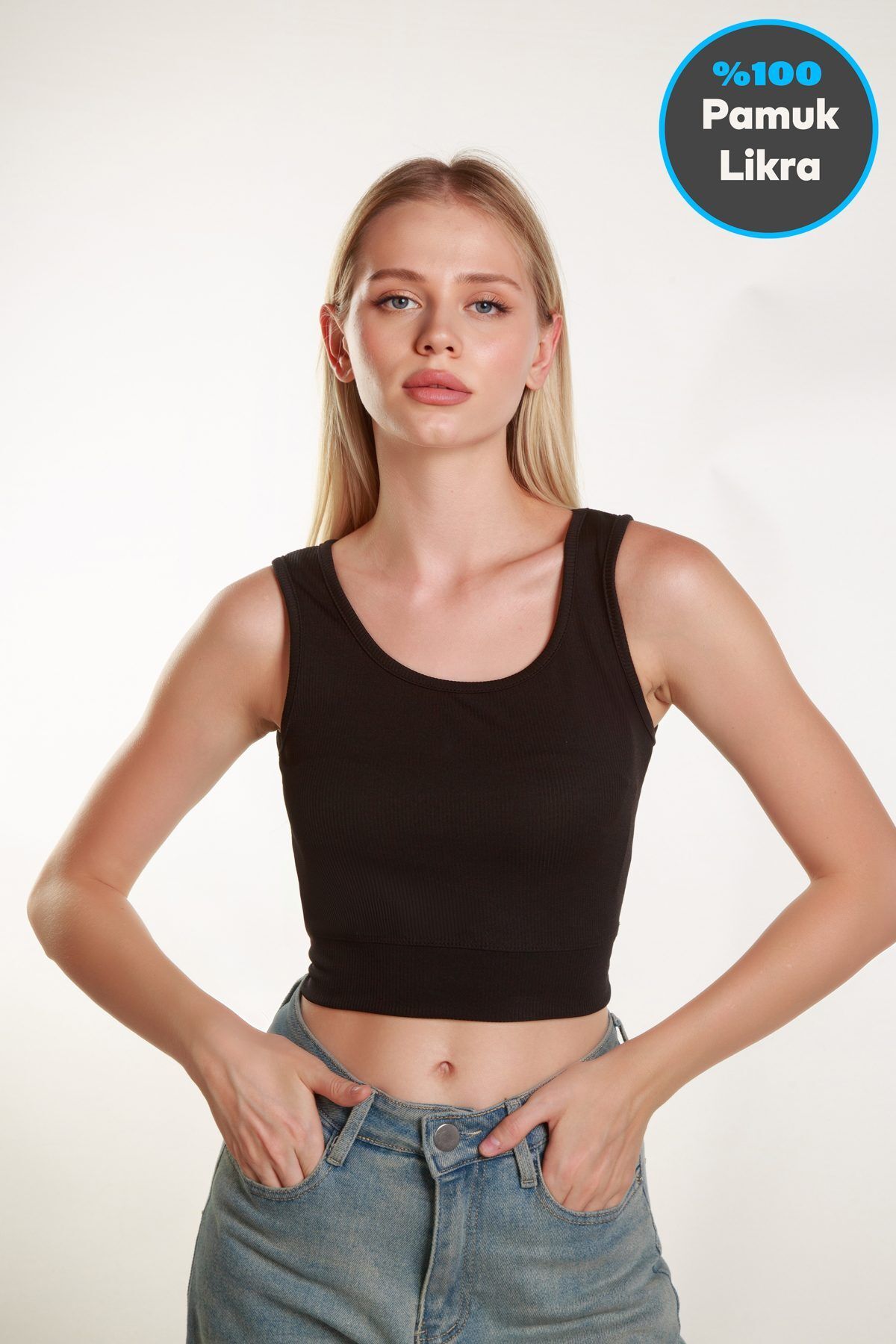 Shop58 Kadın Crop Kare Yaka Fitilli Askılı Basic Top Büstiyer Atlet Bluz