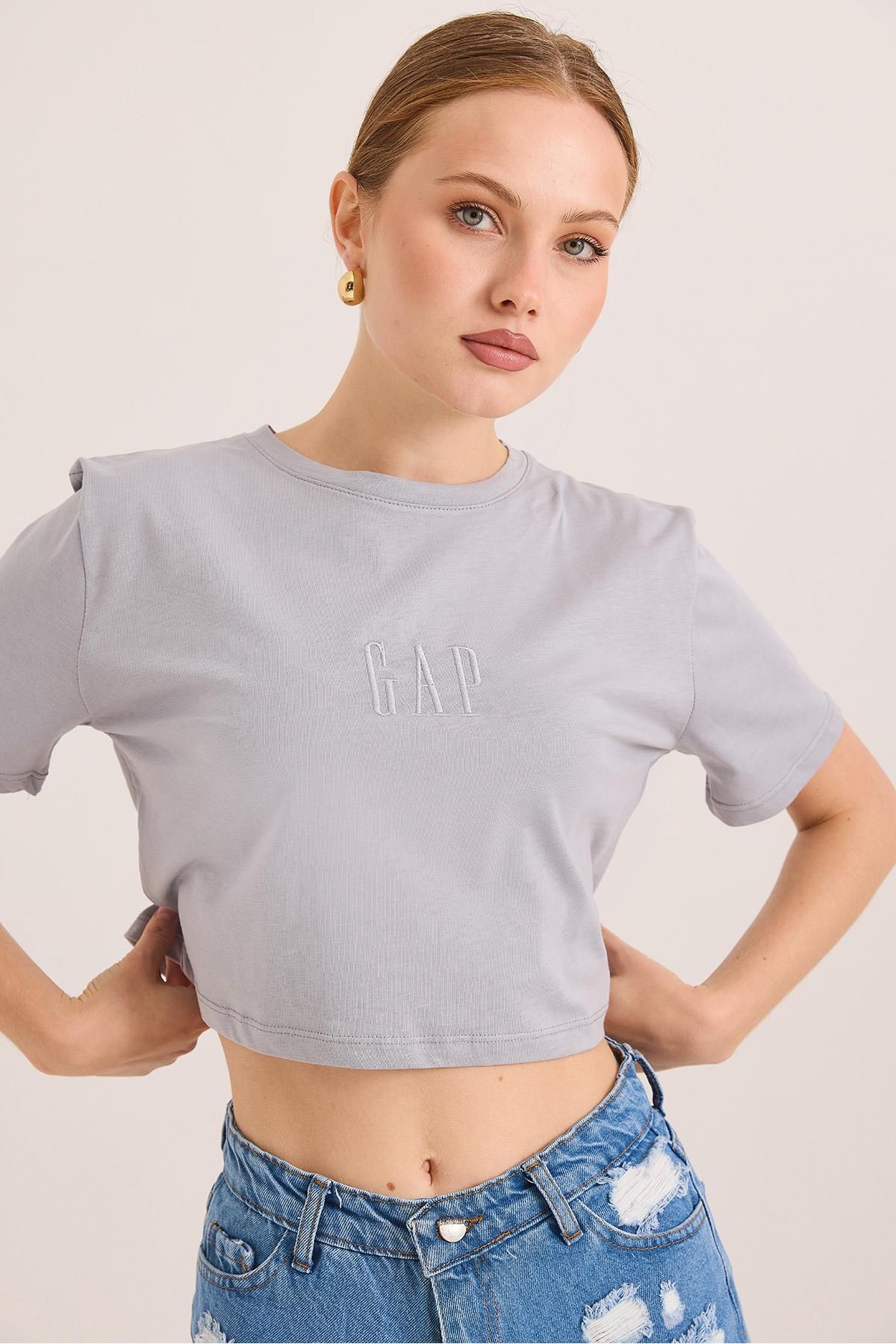 Raneel Kazançlı Alışveriş Nakışlı Örme Pamuk Crop Tshirt Gri