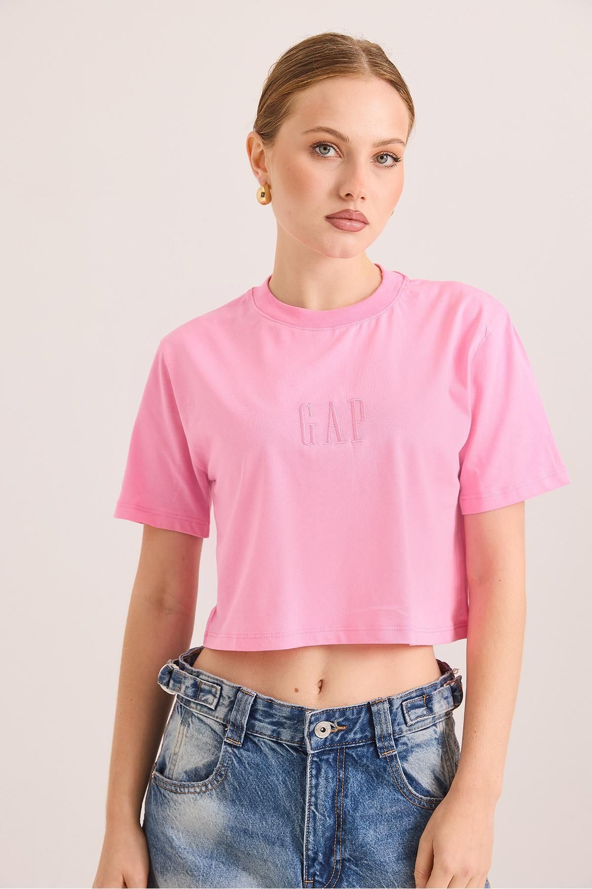 Raneel Kazançlı Alışveriş Nakışlı Örme Pamuk Crop Tshirt Pembe