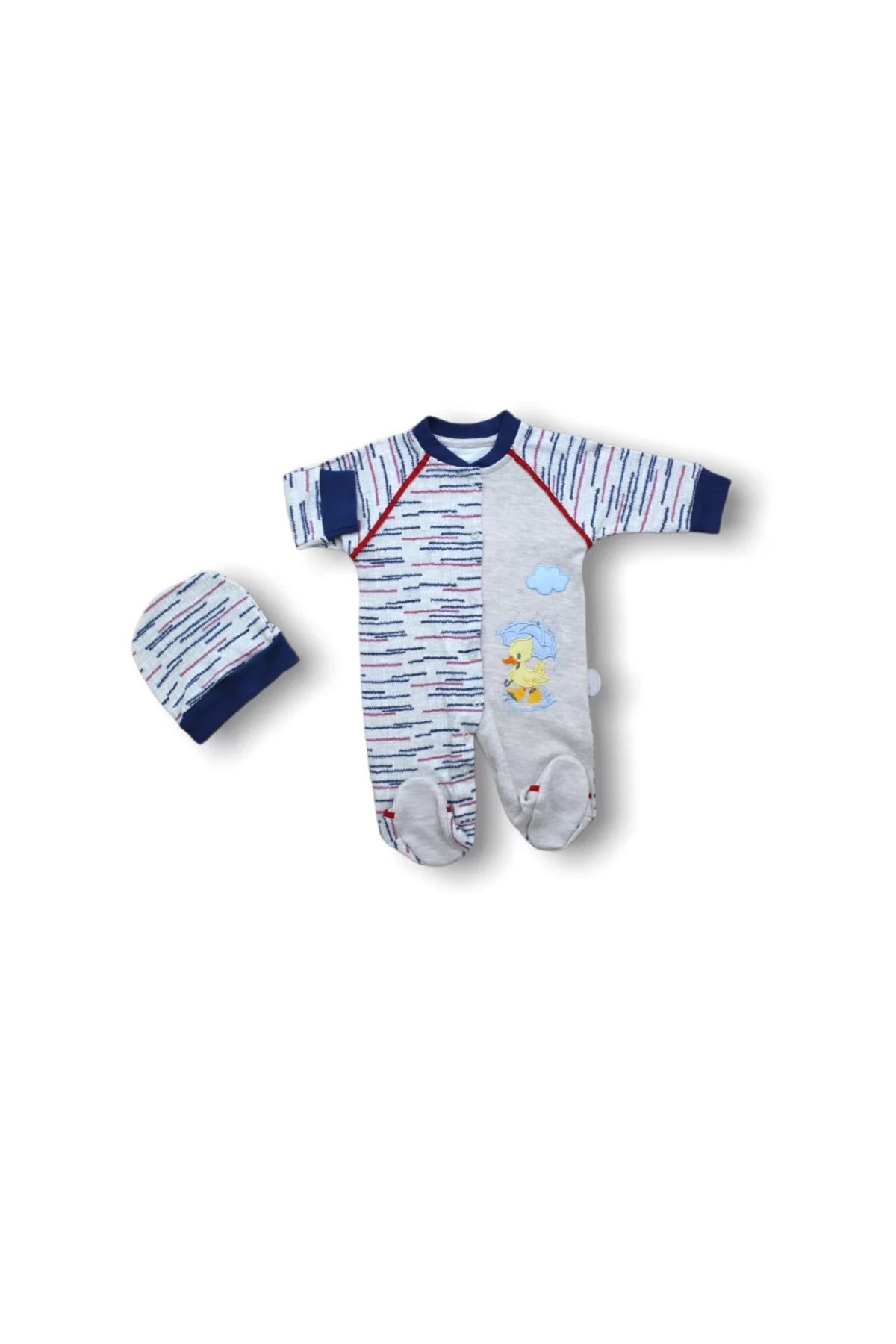 Shop58 Şemsiyeli Ördek Nakışlı Şapkalı Erkek Bebek Tulumu Lacivert