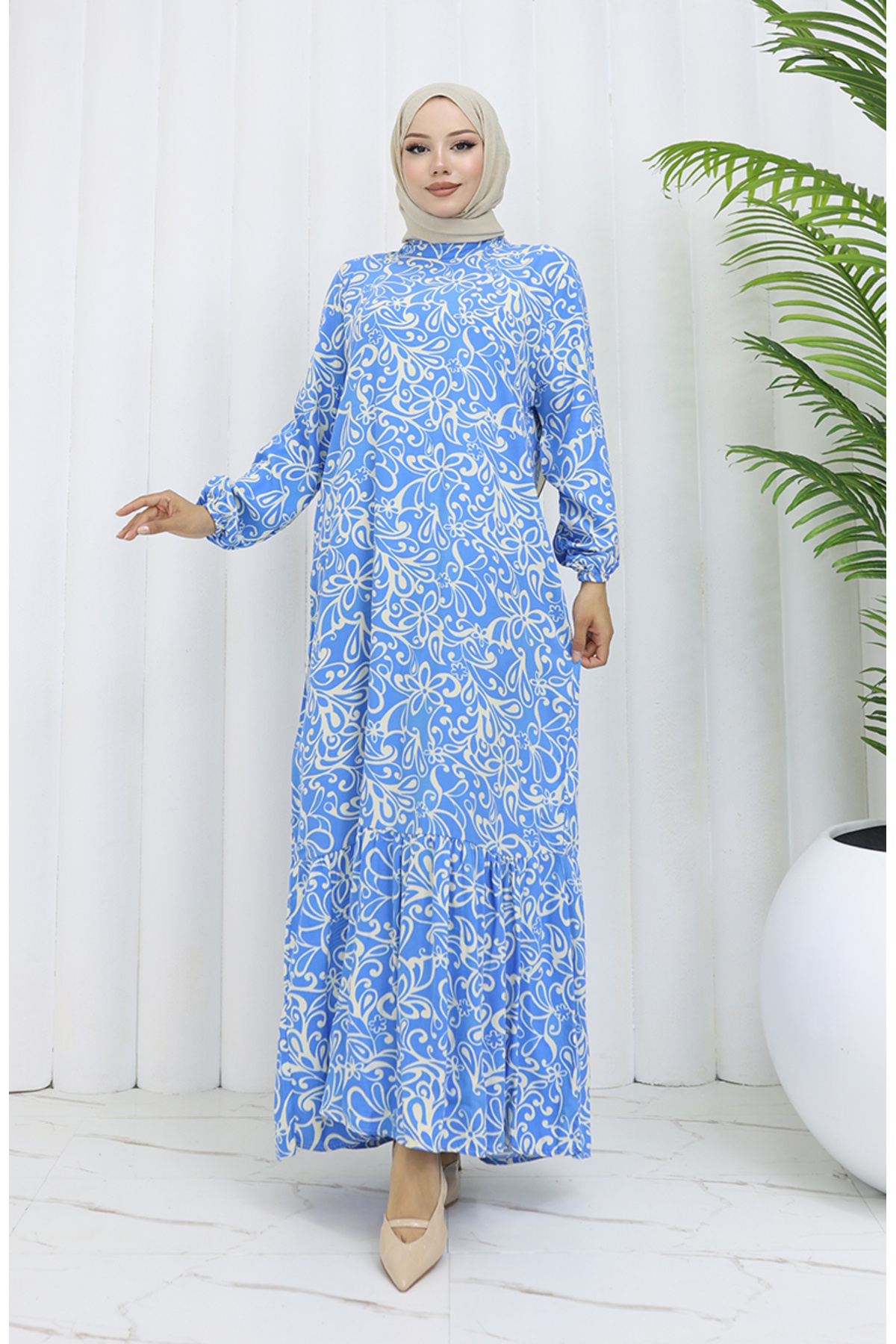 sefamerve-Viscose Fabric Elastic Sleeve Patterned Dress 2036-01 Blue 1