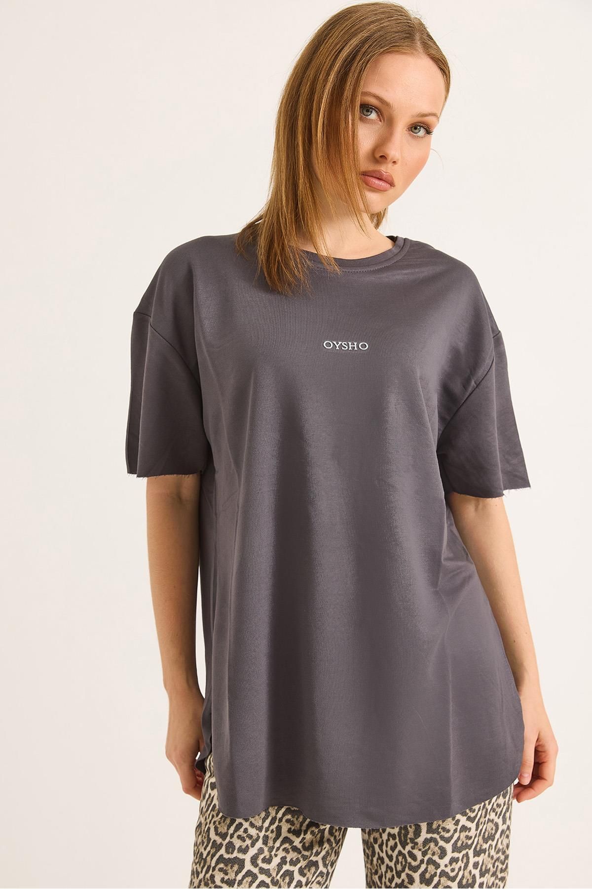 Raneel Kazançlı Alışveriş Bisiklet Yaka Basic Tshirt Füme