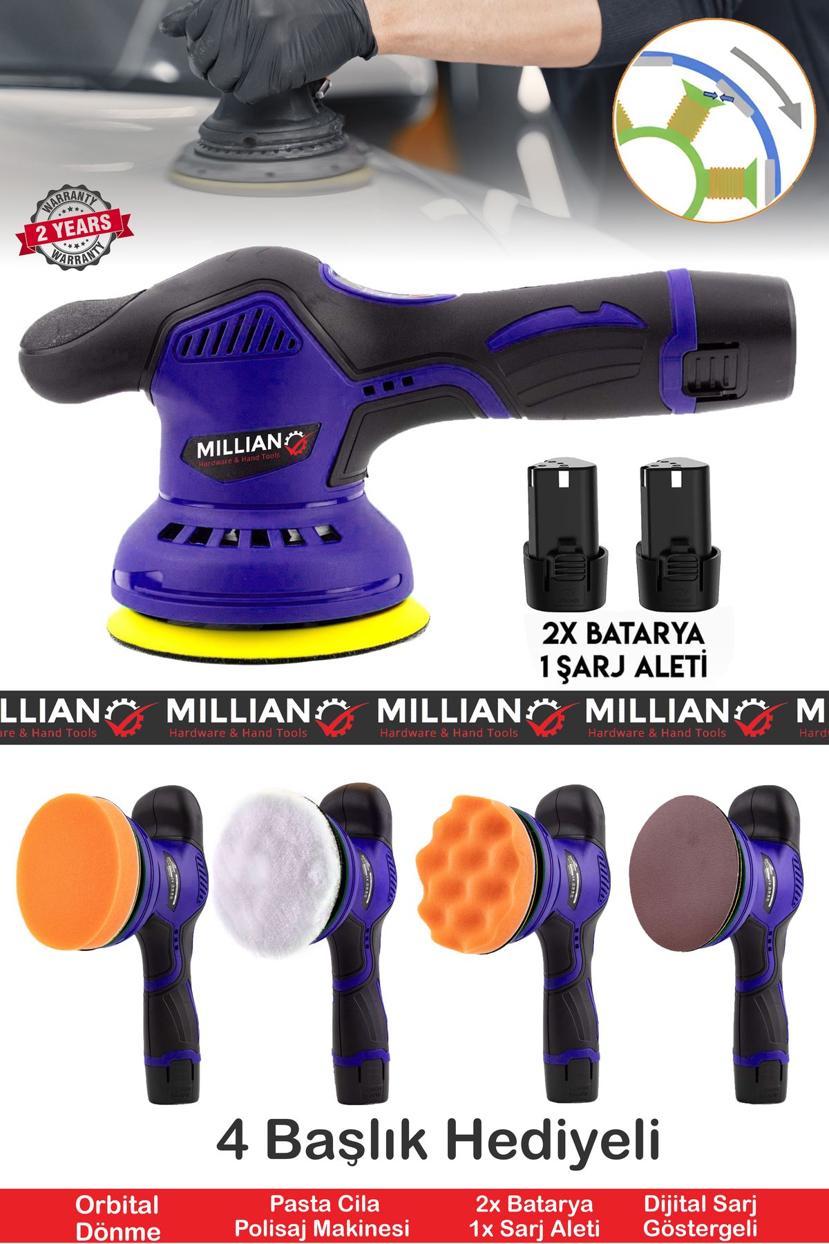 Millian 58 V Orbital 6 Kademeli Zımpara Cila Pasta Parlatma Polisaj Makinesi Otomatik Şanzıman Devir Ayarlı