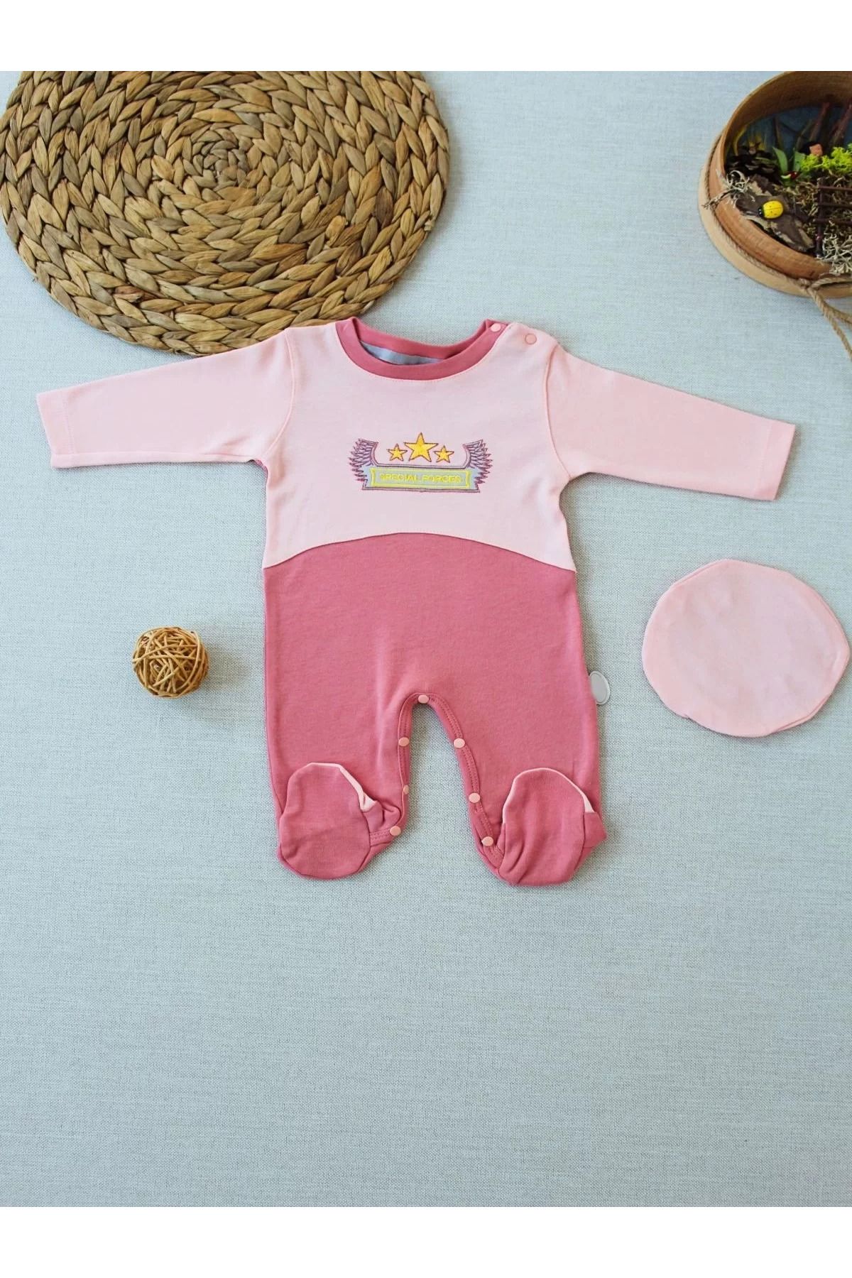 Shop58 Özel Kuvvetler Nakışlı Bere Şapkalı Kız Erkek Bebek Tulumu Gül Kurusu