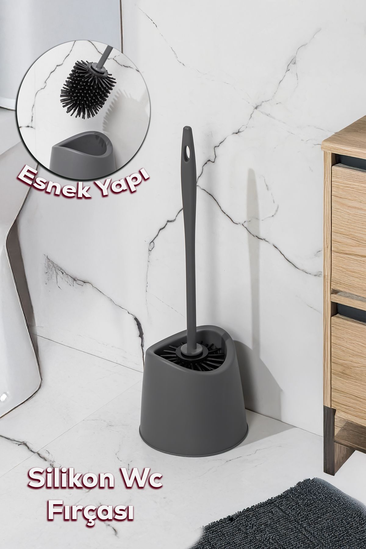 Porsima SB-776 Silikon Wc Tuvalet Banyo Lavabo Fırçası Klozet Temizleme Fırçası Antrasit