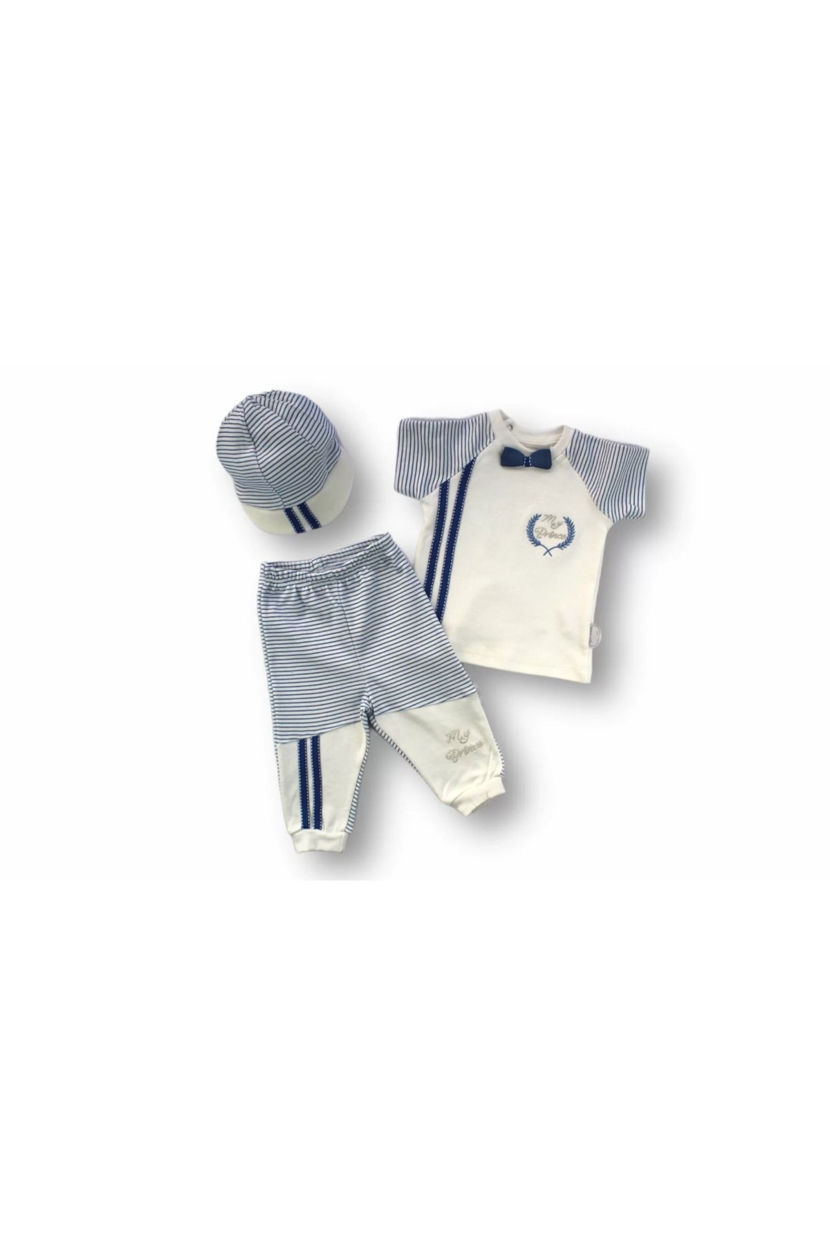 Shop58 My Prince Nakışlı Şapkalı Kısa Kollu Sweatli 3lü Erkek Bebek Takımı