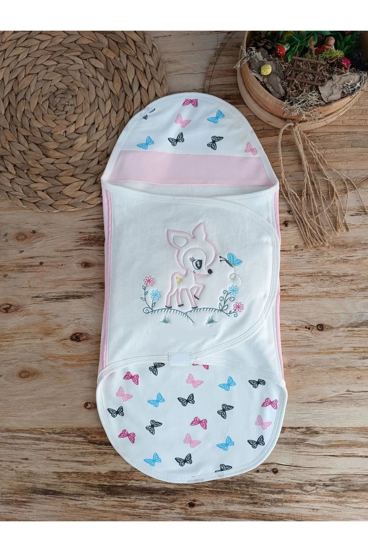 Shop58 Yenidoğan İlk Baharın Ceylanı Nakışlı Çıt Çıt Kapama Bebek Kundak Ekru