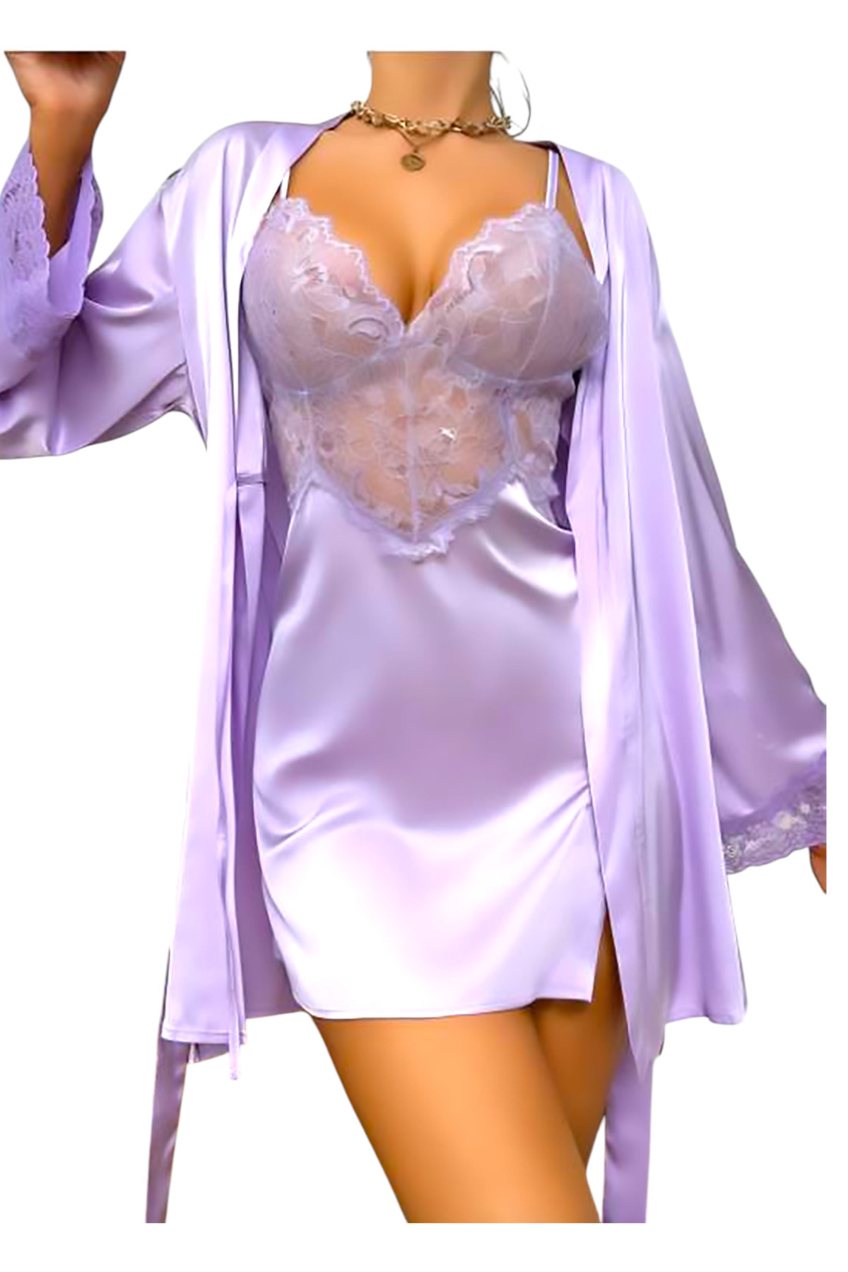 H&S STORE kadın Üst Kısmı Transparan Ve Yırtmaç Detaylı Lila Rengi Ikili Saten Takım Gecelik