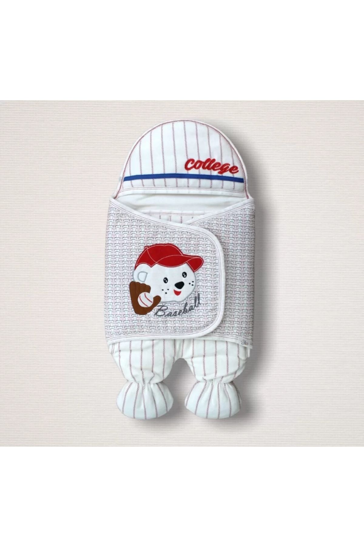 Shop58 Yenidoğan Beyzbolcu Nakışlı Aklı Erkek Bebek Kundak Ekru