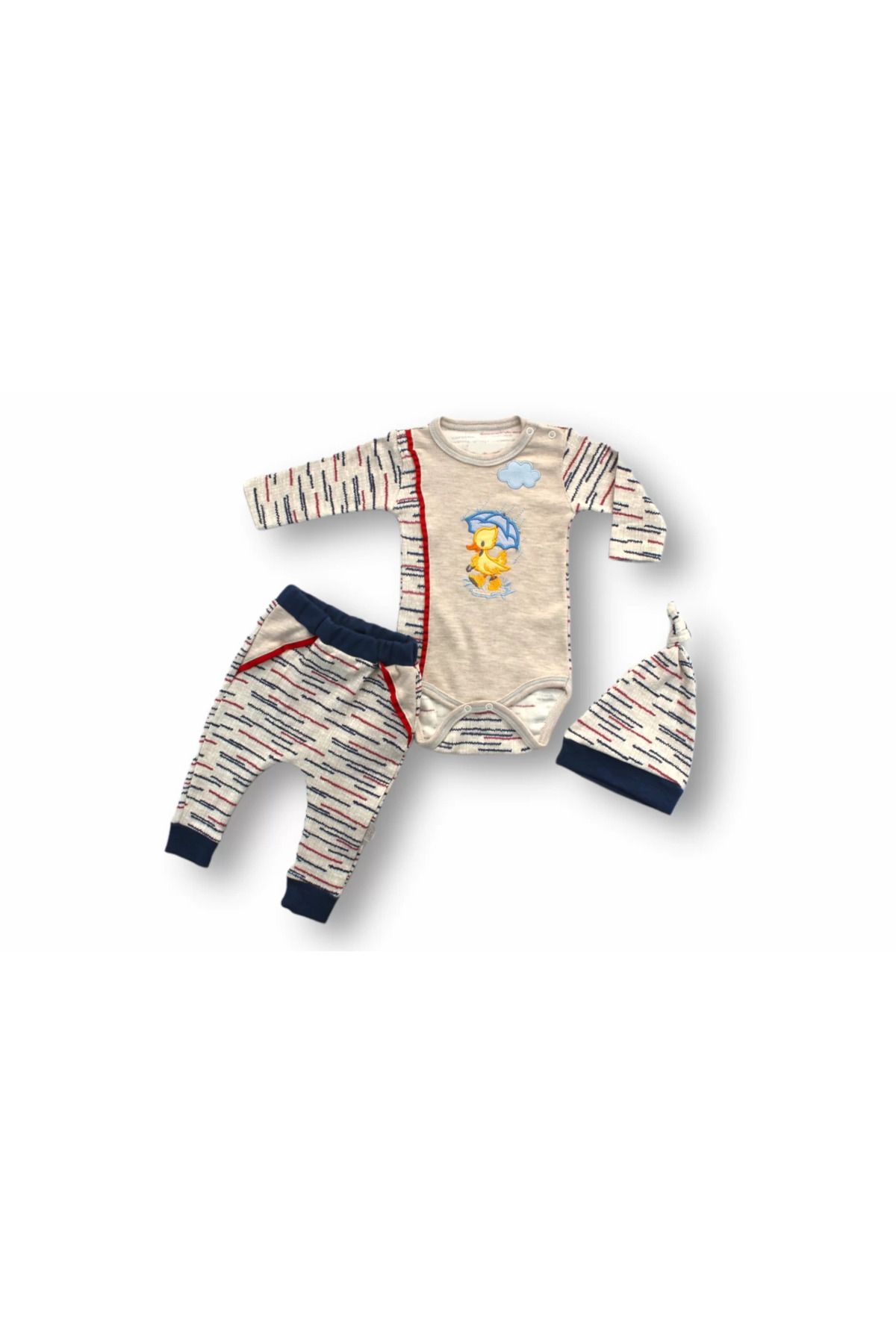 Shop58 Şemsiyeli Ördek Nakışlı Şapkalı Uzun Kollu Zıbınlı 3lü Kız-erkek Bebek Takımı Mavi