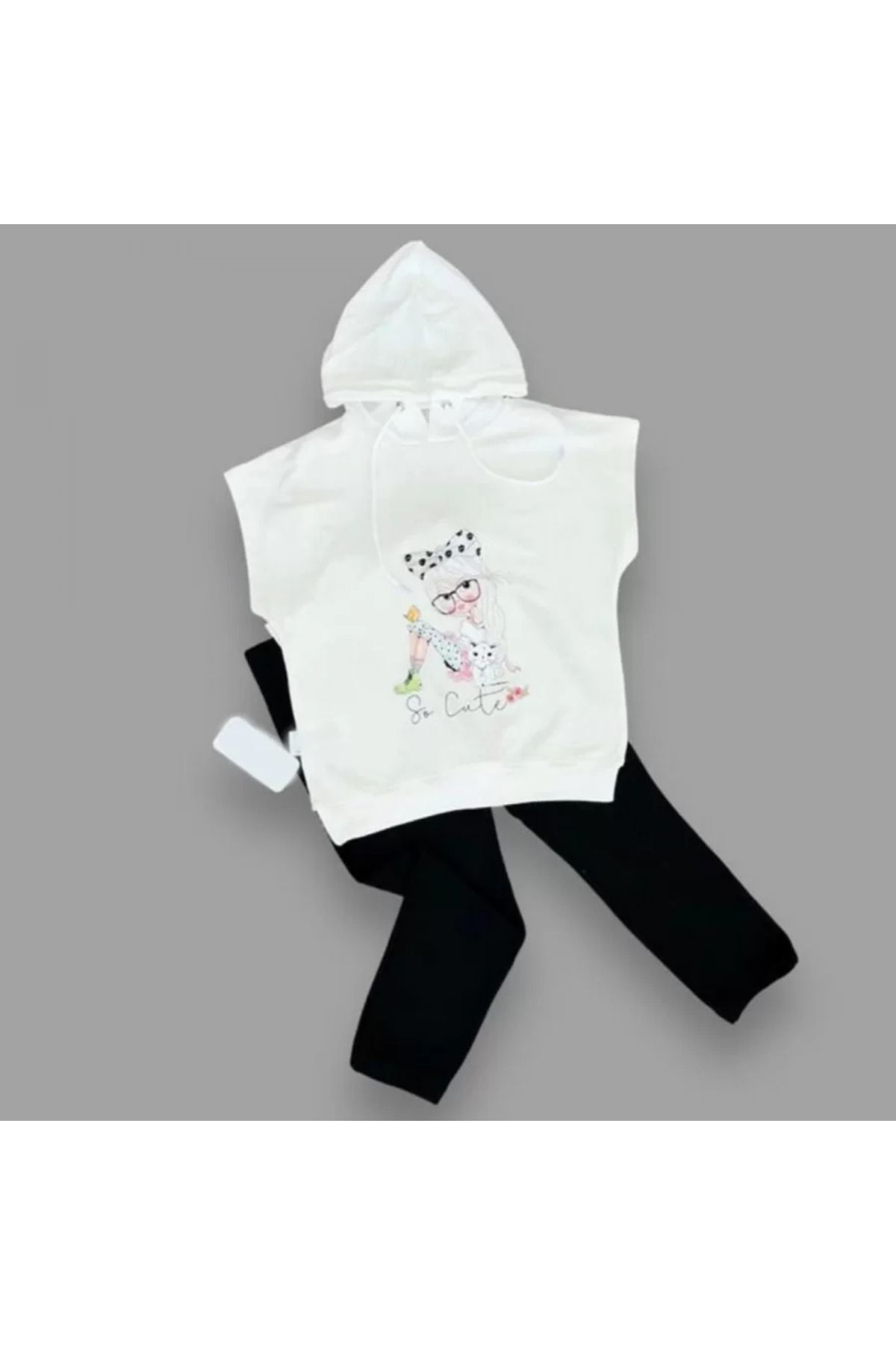 Shop58 Kapşonlu Sevimli Kız Baskılı Kısa Kolu 2li Kız Erkek Çocuk Takımı Siyah