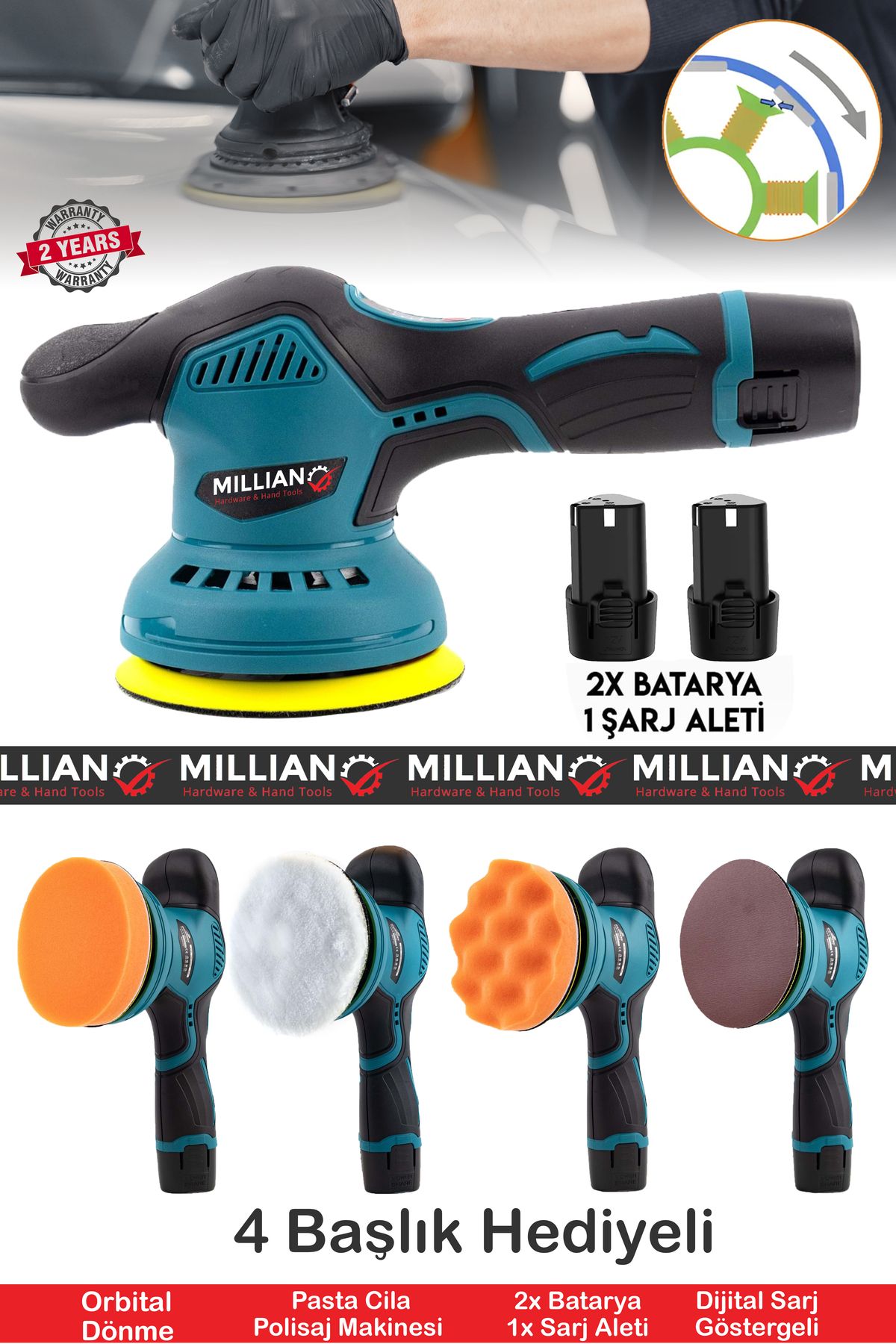 Millian 58 V Orbital 6 Kademeli Otomatik Şanzıman Devir Ayarlı Zımpara Cila Pasta Parlatma Polisaj Makinesi