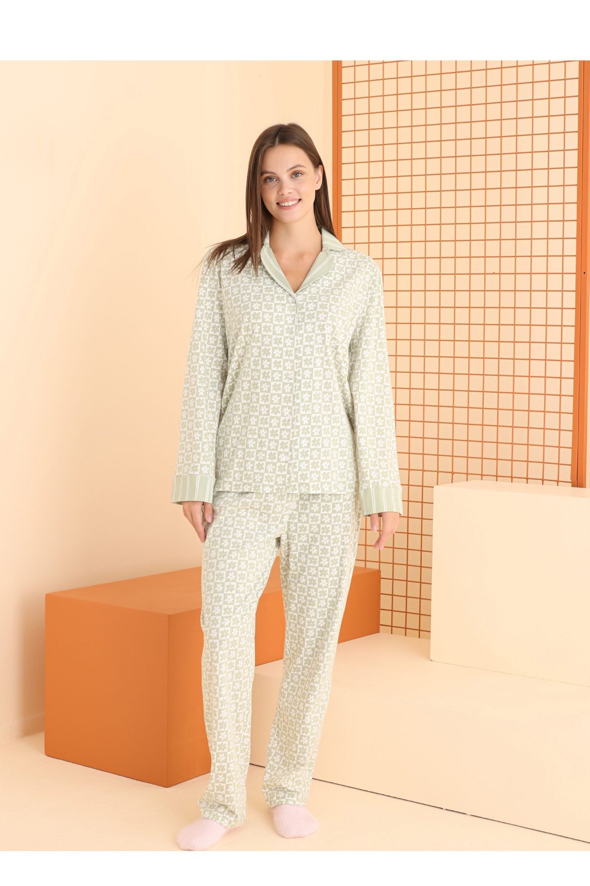 Shop58 NBB 68069 Önden Düğmeli Pijama Takım - Yeşil - Pamuk Kumaş