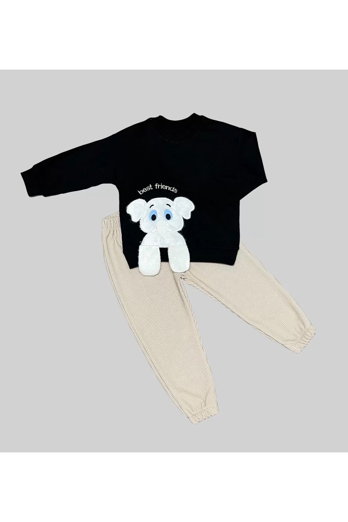 Shop58 Filli Sallanan Ayak Desenli Likra Penye Kumaş Sweat Pantolonlu Kız Erkek 2li Çocuk Takımı Siyah