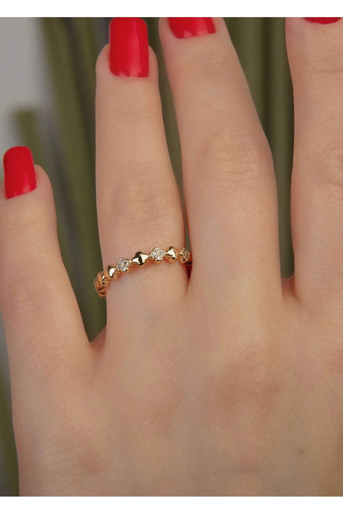 Home Sihra Accessories zirkon taşlı yonca yüzük ayarlanabilir gold renk yüzük