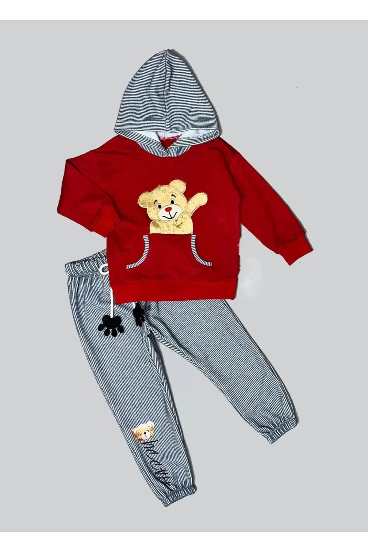 Shop58 Pelüş Ayı Desenli Kapşonlu Uzun Kollu Penye Sweat 2li Erkek Çocuk Takımı Bordo
