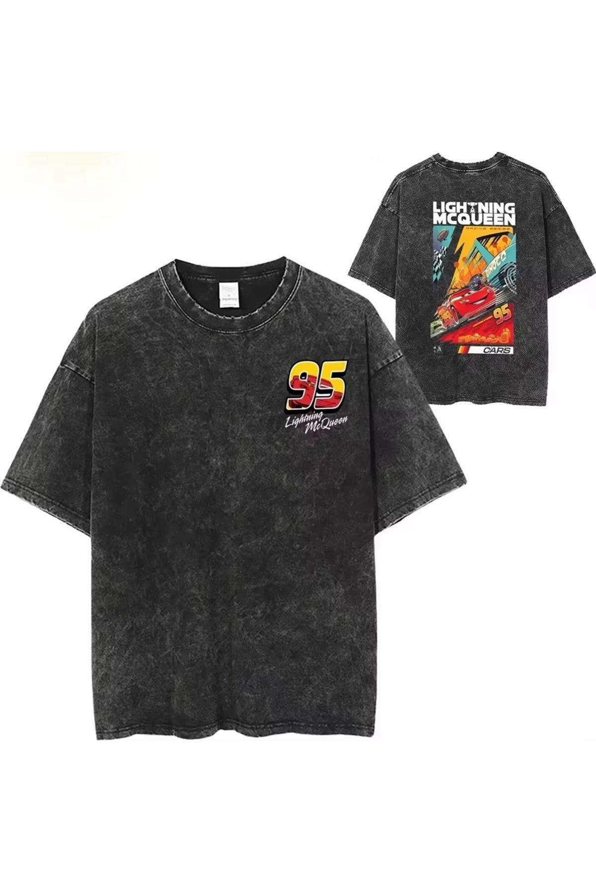Touz Moda Mc Cars Yıkamalı Vintage Baskılı Unisex Oversize T-Shirt
