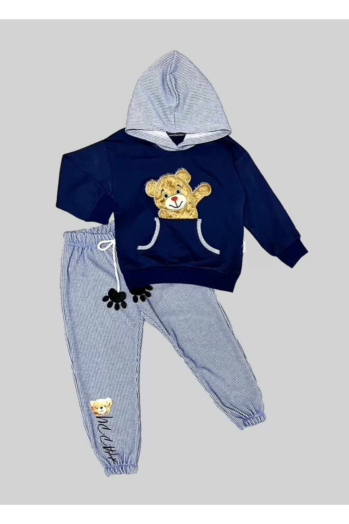 Shop58 Pelüş Ayı Desenli Kapşonlu Uzun Kollu Penye Sweat 2li Erkek Çocuk Takımı Lacivert